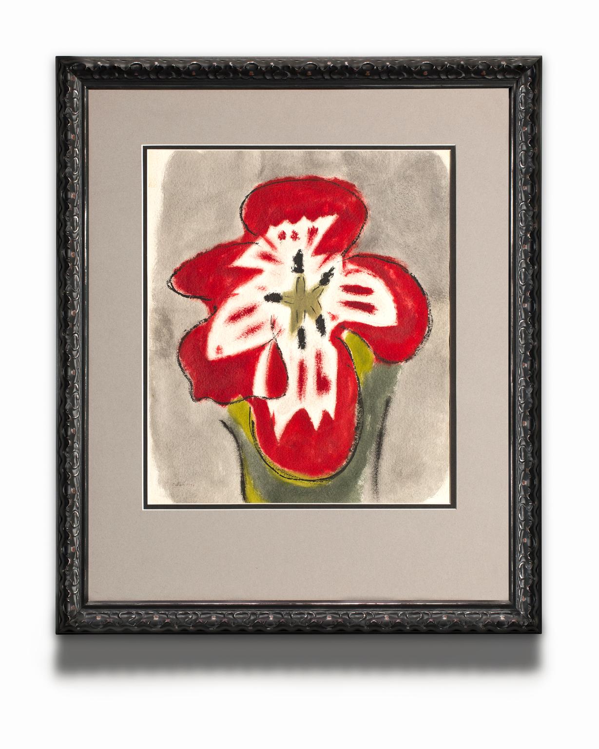 Still-Life Charles Culver - « Untitled (Fleur rouge) », aquarelle sur papier, fleur abstraite, signée et datée