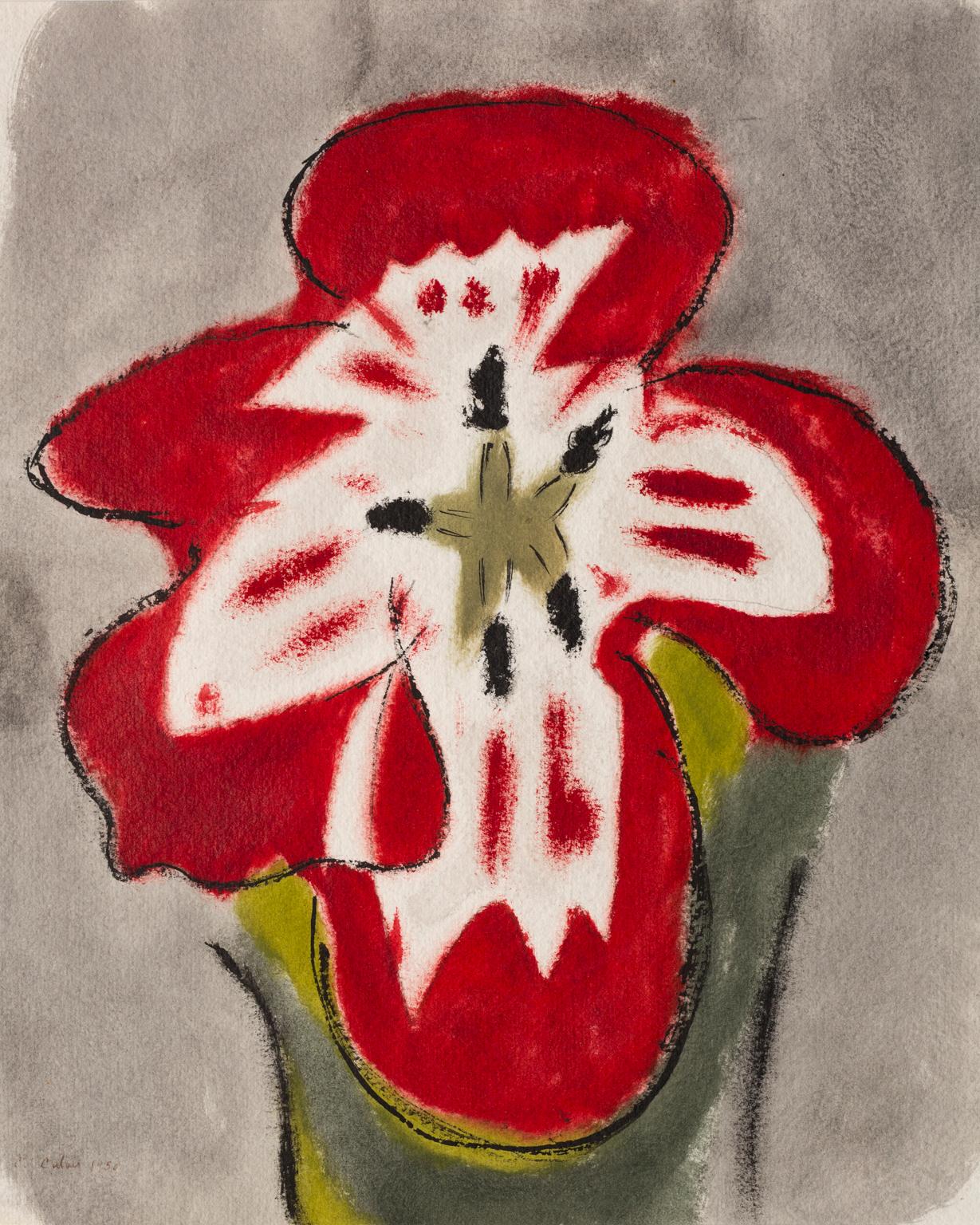 « Untitled (Fleur rouge) », aquarelle sur papier, fleur abstraite, signée et datée - Art de Charles Culver