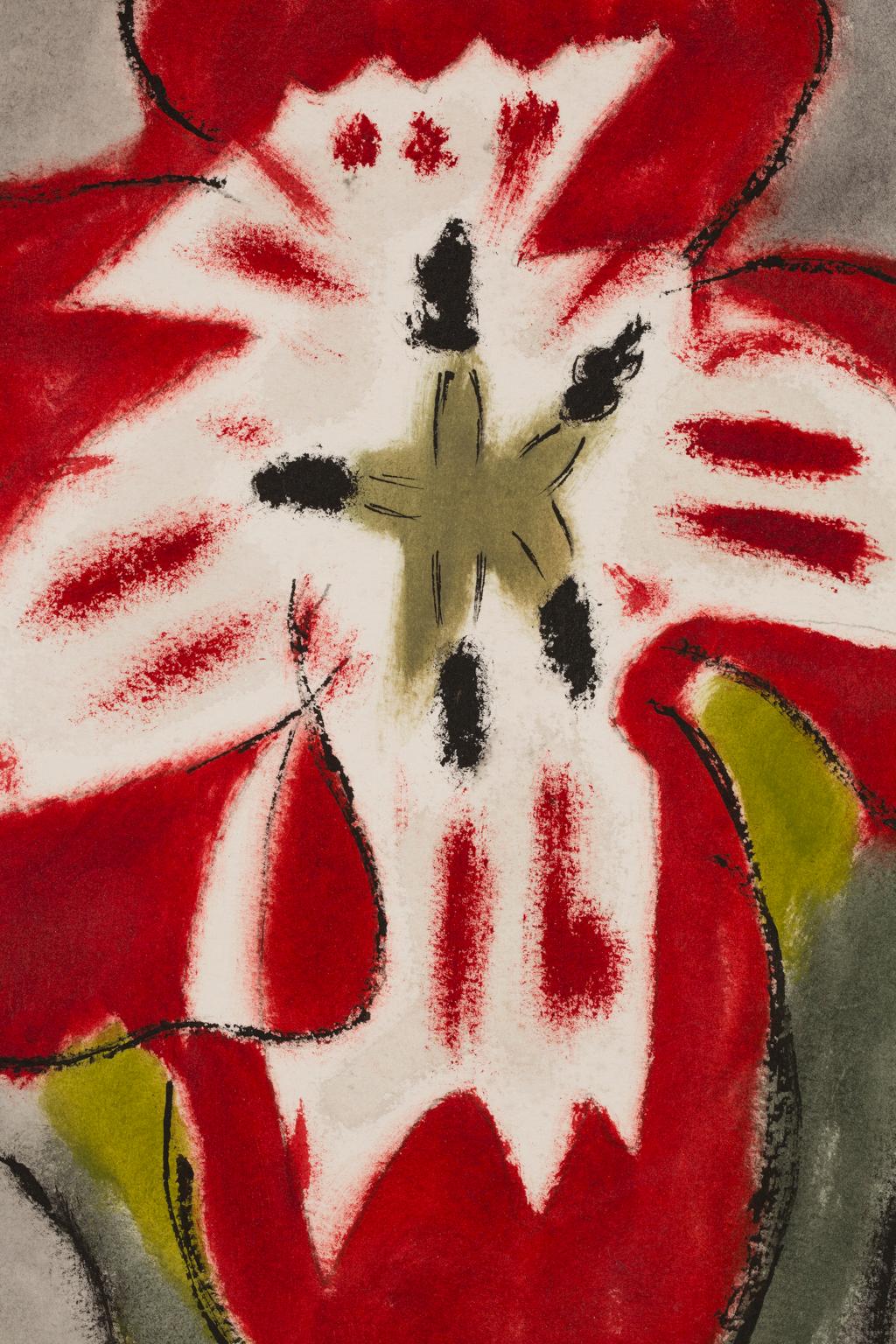 « Untitled (Fleur rouge) », aquarelle sur papier, fleur abstraite, signée et datée - Romantique Art par Charles Culver