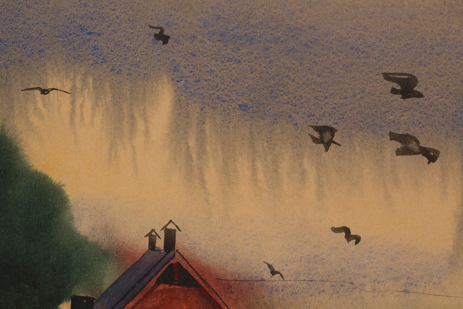 Aquarelle sur papier « Untitled (Scène de canard) », Scène locale, bâtiments, eau en vente 1