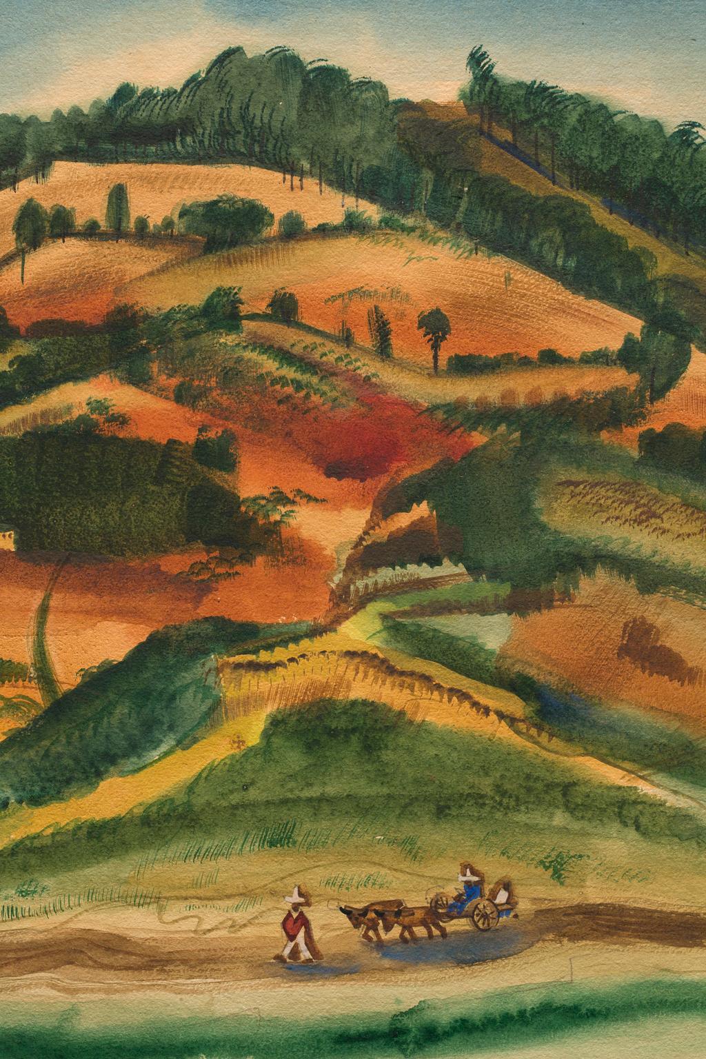 The idyllic atmosphere of this Mexican scene is located in Mexico, west of Mexico City and south of Guadalajara. “Red Hills Near Patzcuaro” is set in a golden light. and was one of three paintings by the artist while the artist visited Patzcuaro,