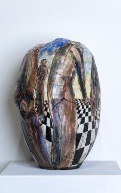 "Conversations" Thrown Earthenware, Figures in Perspective Scene & Glazed Colors