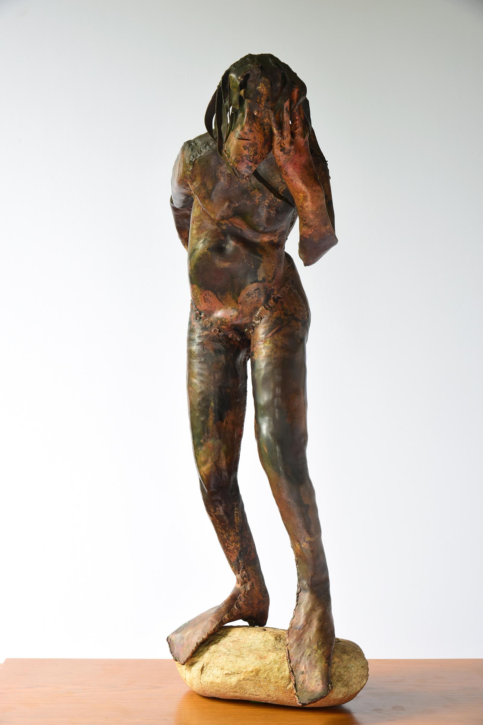 Reinhoud d'Haese Figurative Sculpture - "Ecoutez" Sculptural Mythical Figure in Copper & Stone & Signed
