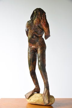 "Ecoutez" Sculptural Mythical Figure in Copper & Stone & Signed