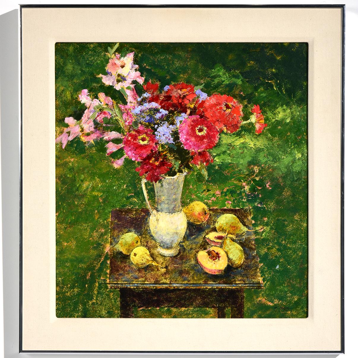 Richard Jerzy Landscape Painting - "Still Life with Fruit & Flowers"  Outdoors with Table & Flowers in Colors