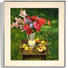 "Still Life with Fruit & Flowers"  Outdoors with Table & Flowers in Colors