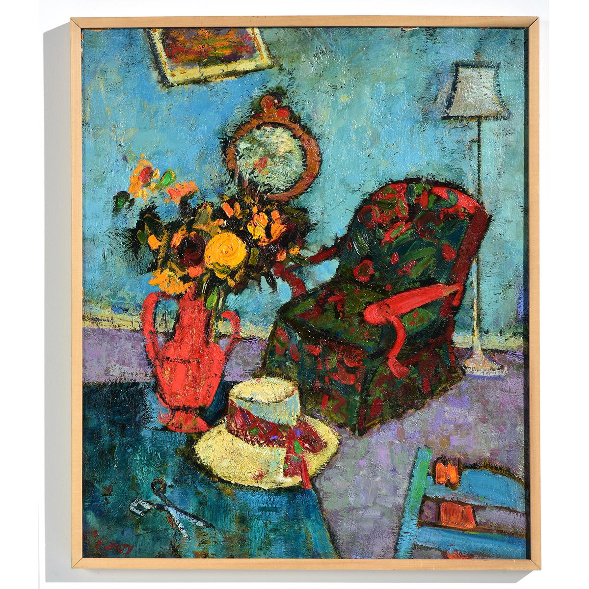 "Red Chair" ist zwar eine Innenraumszene, aber sie ist wie ein Stillleben arrangiert, bei dem die Möbel und Gegenstände leicht aus dem Gleichgewicht geraten sind, ganz im Sinne der kreativen Interieurs von Marc Chagall, dem russisch-französischen