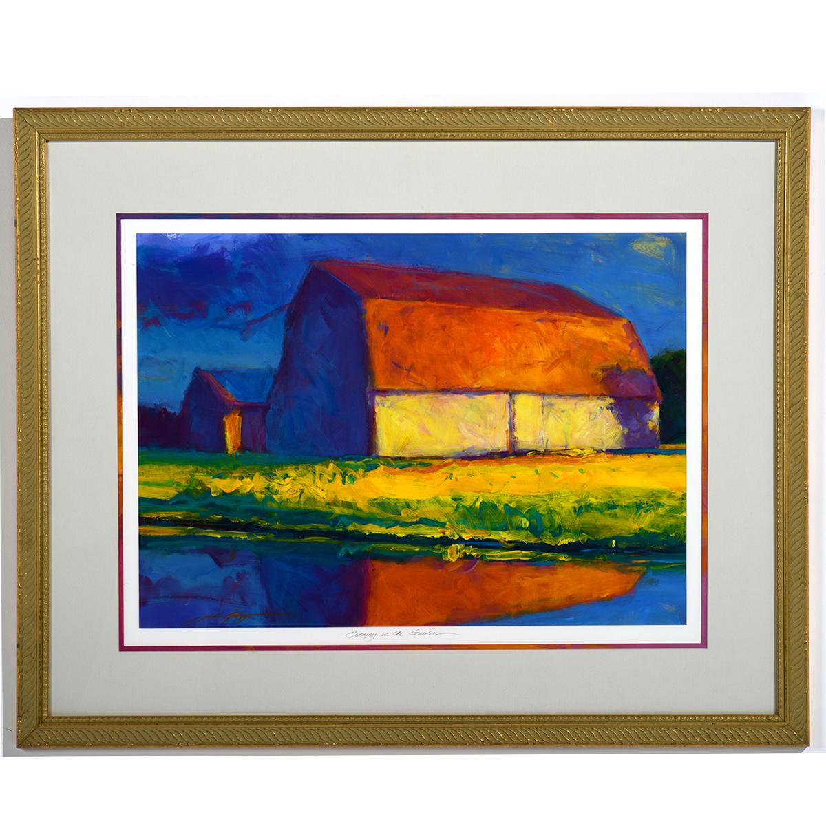 JOHN LOUIS KRIEGER Landscape Painting - "Evening in the Garden"  Bucolic Landscape with Barn in Blended Primary Colors