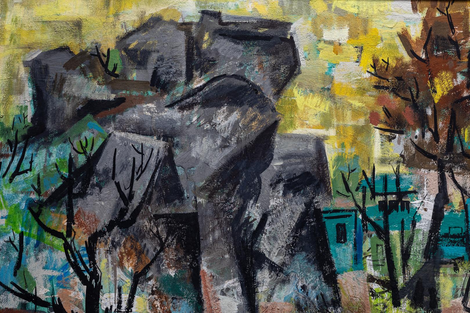 Guy Maccoy « City Beyond the Bluffs », paysage urbain, huile sur panneau MCM 2