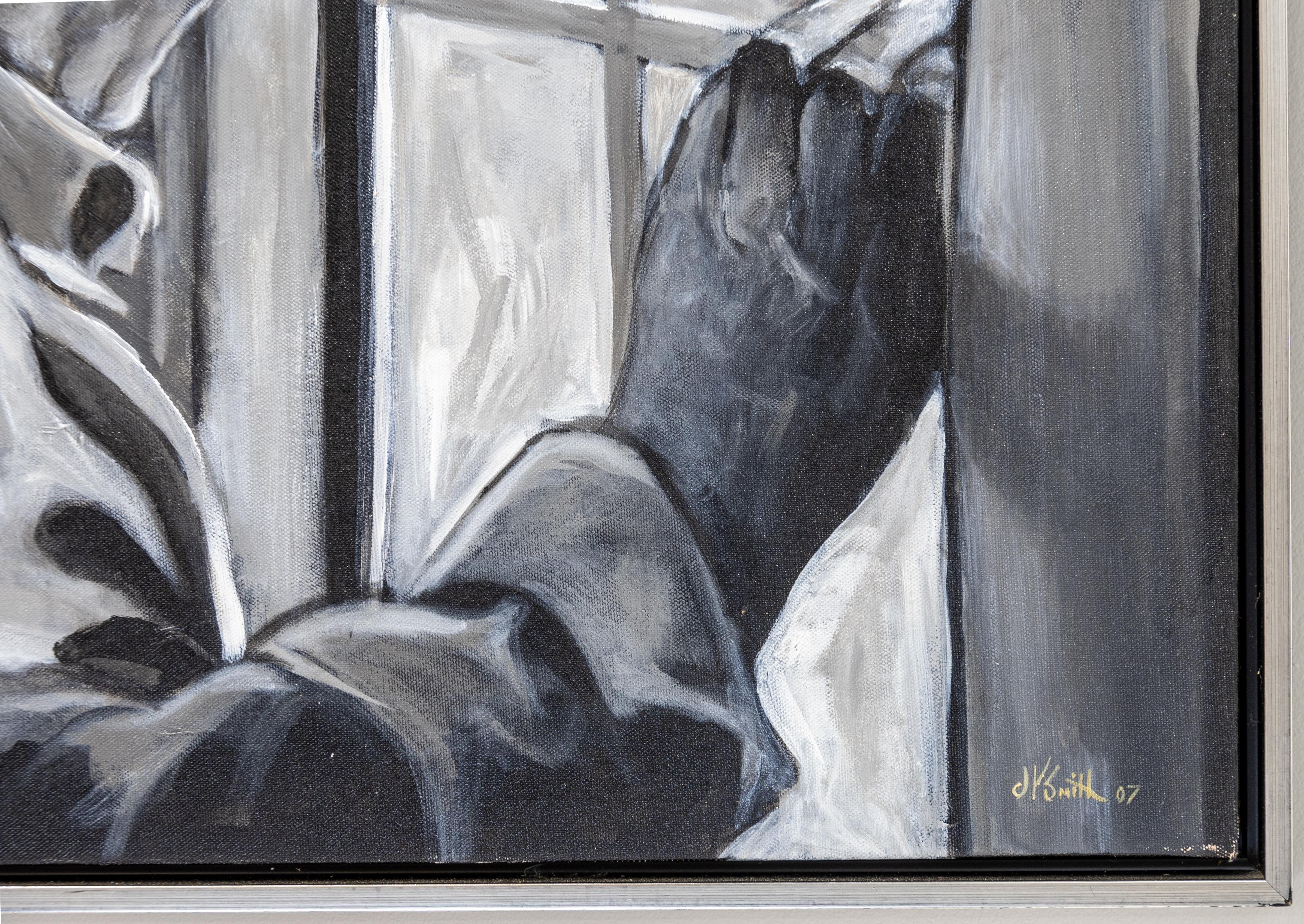 « I See Color » (Je vois la couleur) - Acrylique figurative sur toile Looking Out Window - Couleur noire et blanche  - Contemporain Painting par Dennis K. Smith 