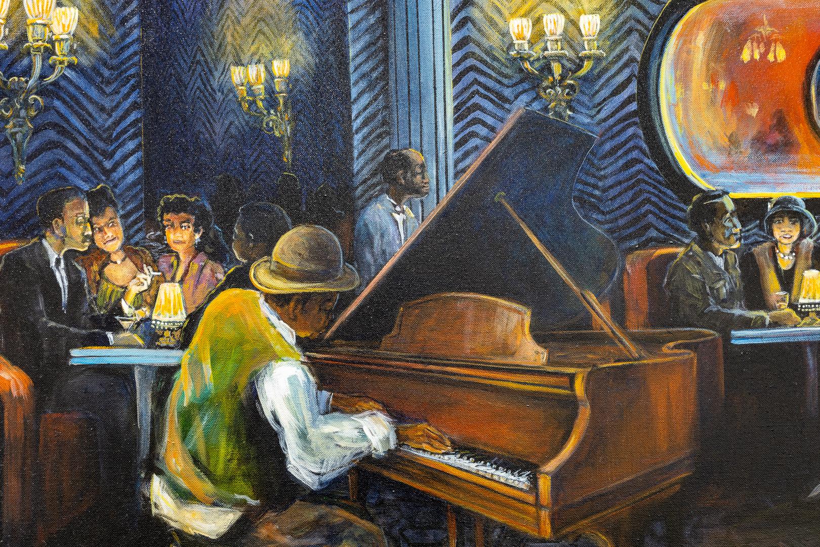 Acryl-Gemälde „The Weary Blues“, Innenraum mit Patronen und Musik, farbenfrohes Gemälde – Painting von Dennis K. Smith 