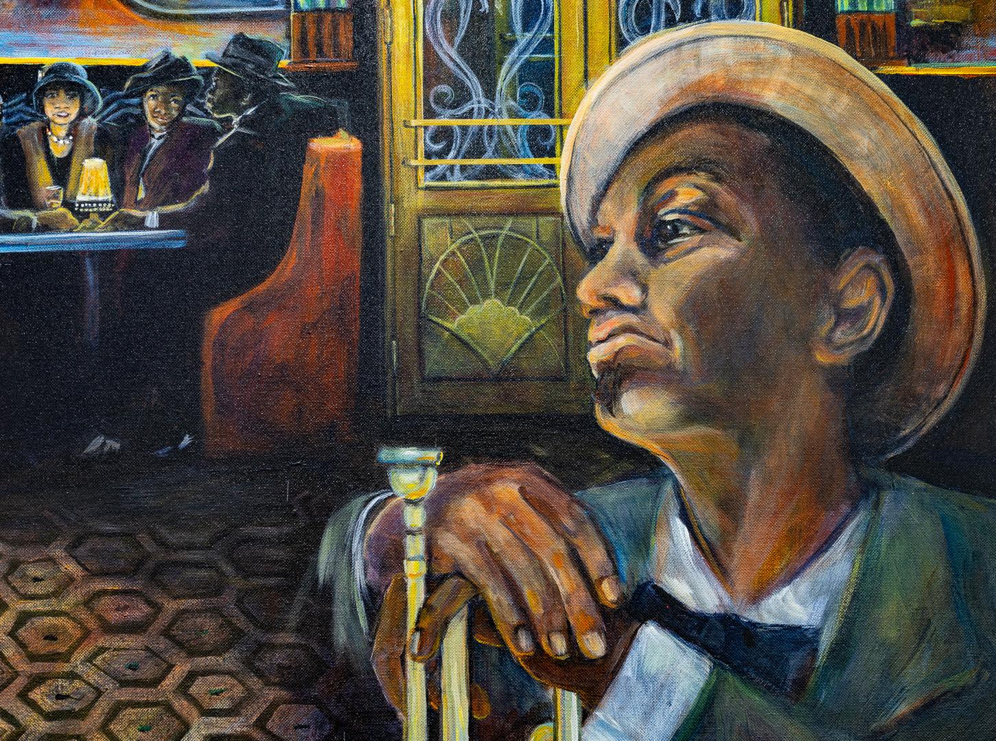 Acryl-Gemälde „The Weary Blues“, Innenraum mit Patronen und Musik, farbenfrohes Gemälde (Schwarz), Interior Painting, von Dennis K. Smith 
