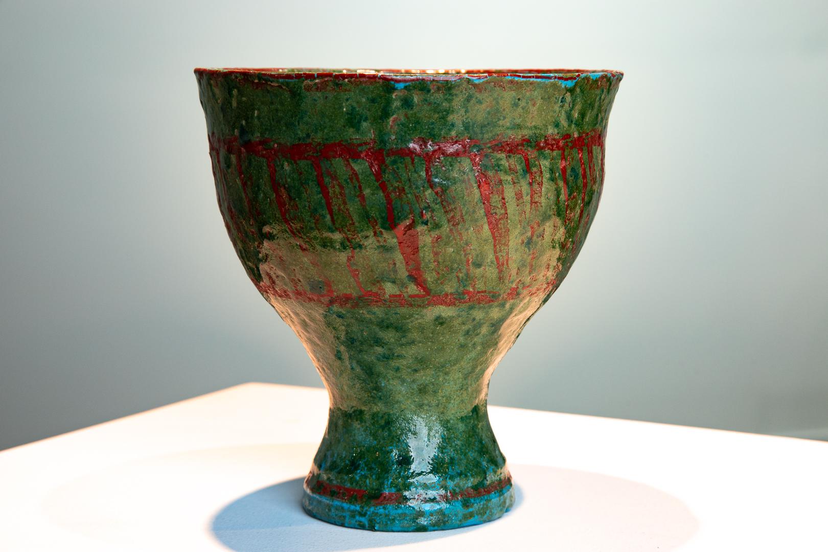 "Calice Monumentale" Rara ceramica verde turchese rossa Grafica firmata - Art di Guido Gambone