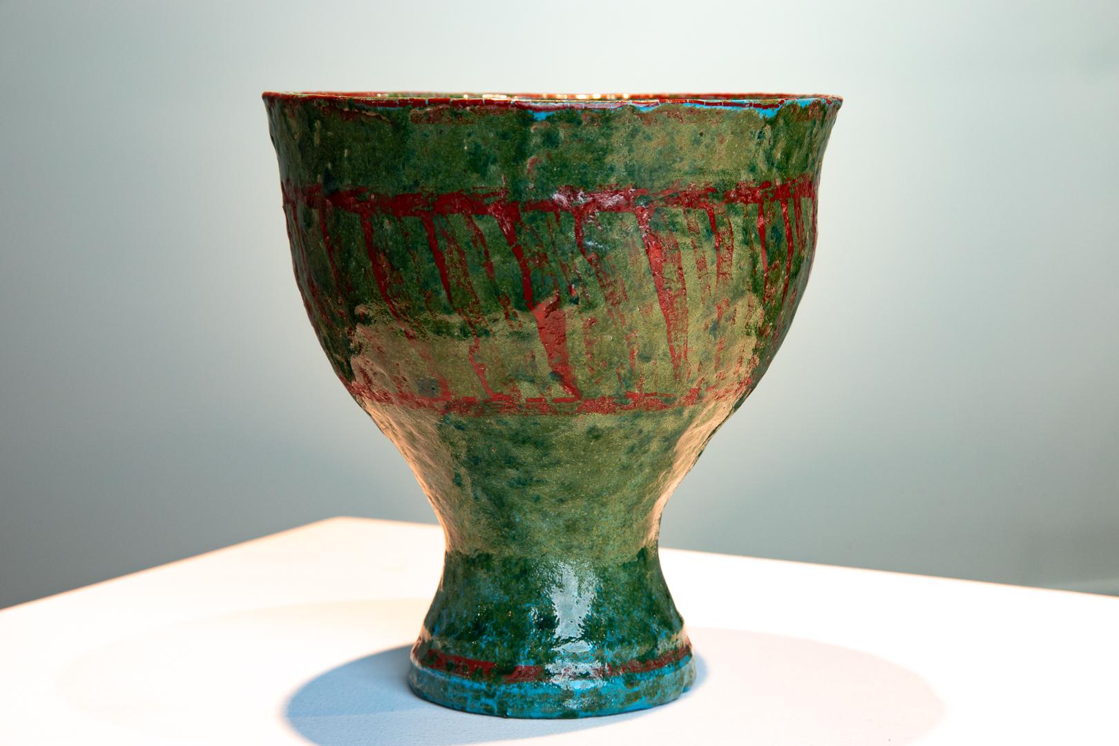 "Monumental Chalice" Rare Ceramic Turquoise Green Red Graphic Signed  - Art by Guido Gambone