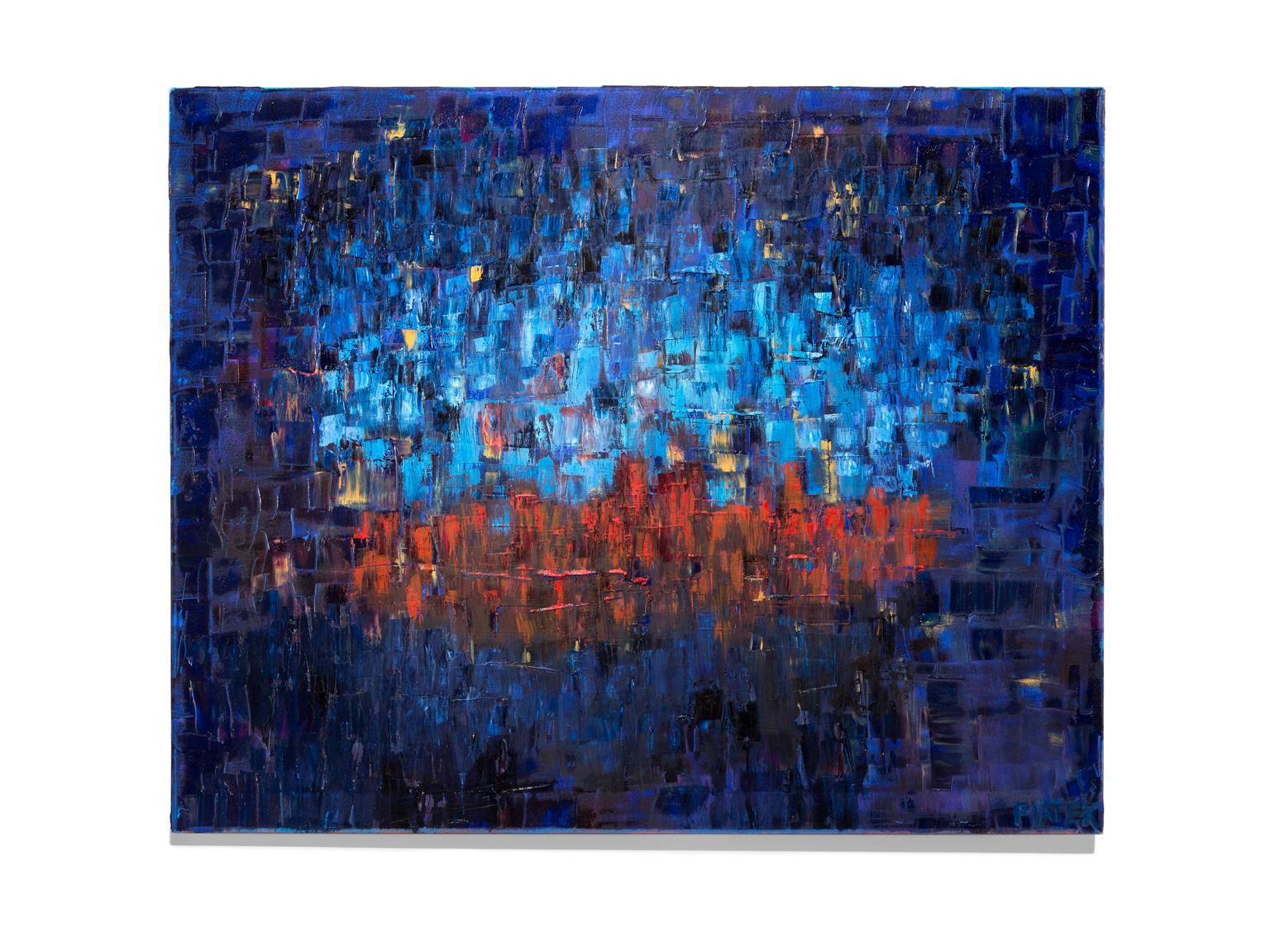 Abstract Painting Robert Piatek - « Au-delà du mur »  Huile sur toile, bleus brillants, rouge, expressionniste abstrait