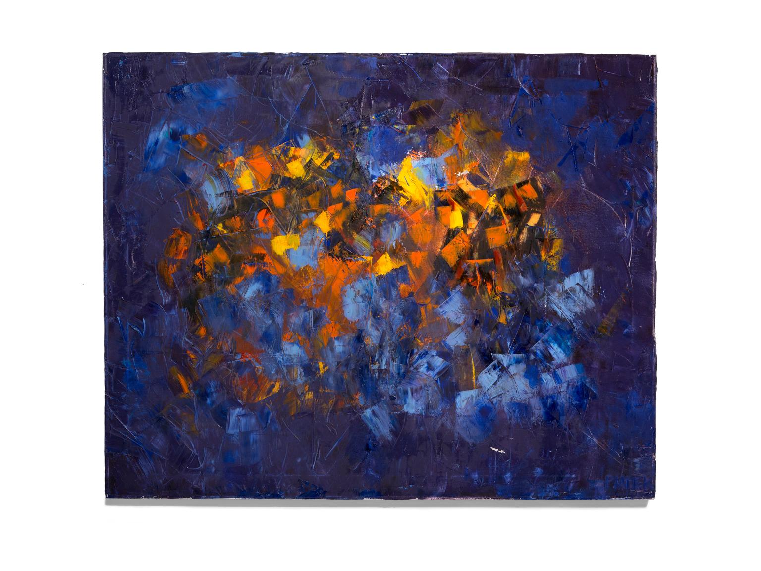 Abstract Painting Robert Piatek - « In the Beginning », abstrait, couleurs brillantes de bleu, rouge, jaune, huile