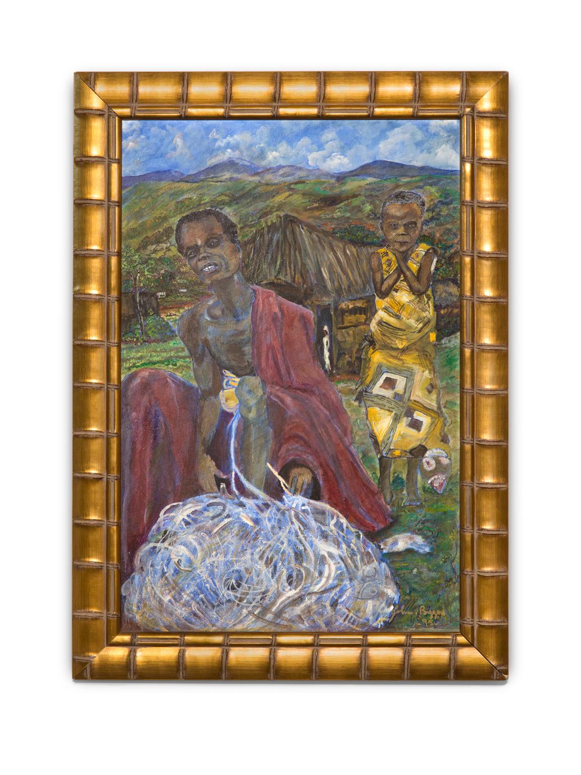 John Biggers Figurative Painting - "Slice of Cotton Harvest" Figurative, Outdoors, Labor, Colors, Oil on Canvas