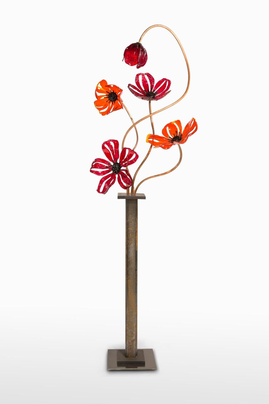 Craig Mitchell Smith Still-Life Sculpture - "Poppies", Deep Red and Orange Glass, Vase,