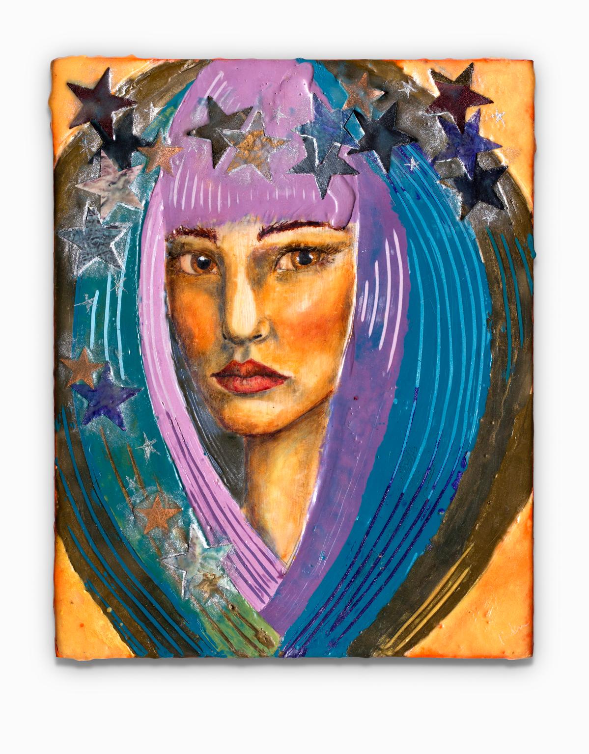 Linden Godlove Portrait Painting - "Muse of Deliberation", Encaustic, Oil, and Paper on Wood