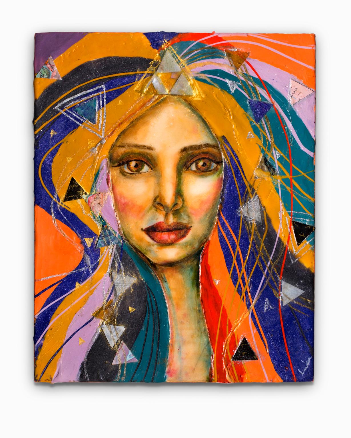 Portrait Painting de Linden Godlove - "Musa del Misterio", Encáustica, Óleo y Papel sobre Madera