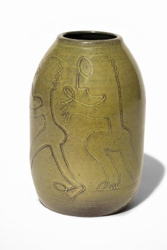 "Untitled" Ceramic Vase with Etched Figures, Green Glaze, Signed on Bottom
