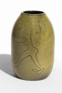 "Untitled" Ceramic Vase with Etched Figures, Green Glaze, Signed on Bottom