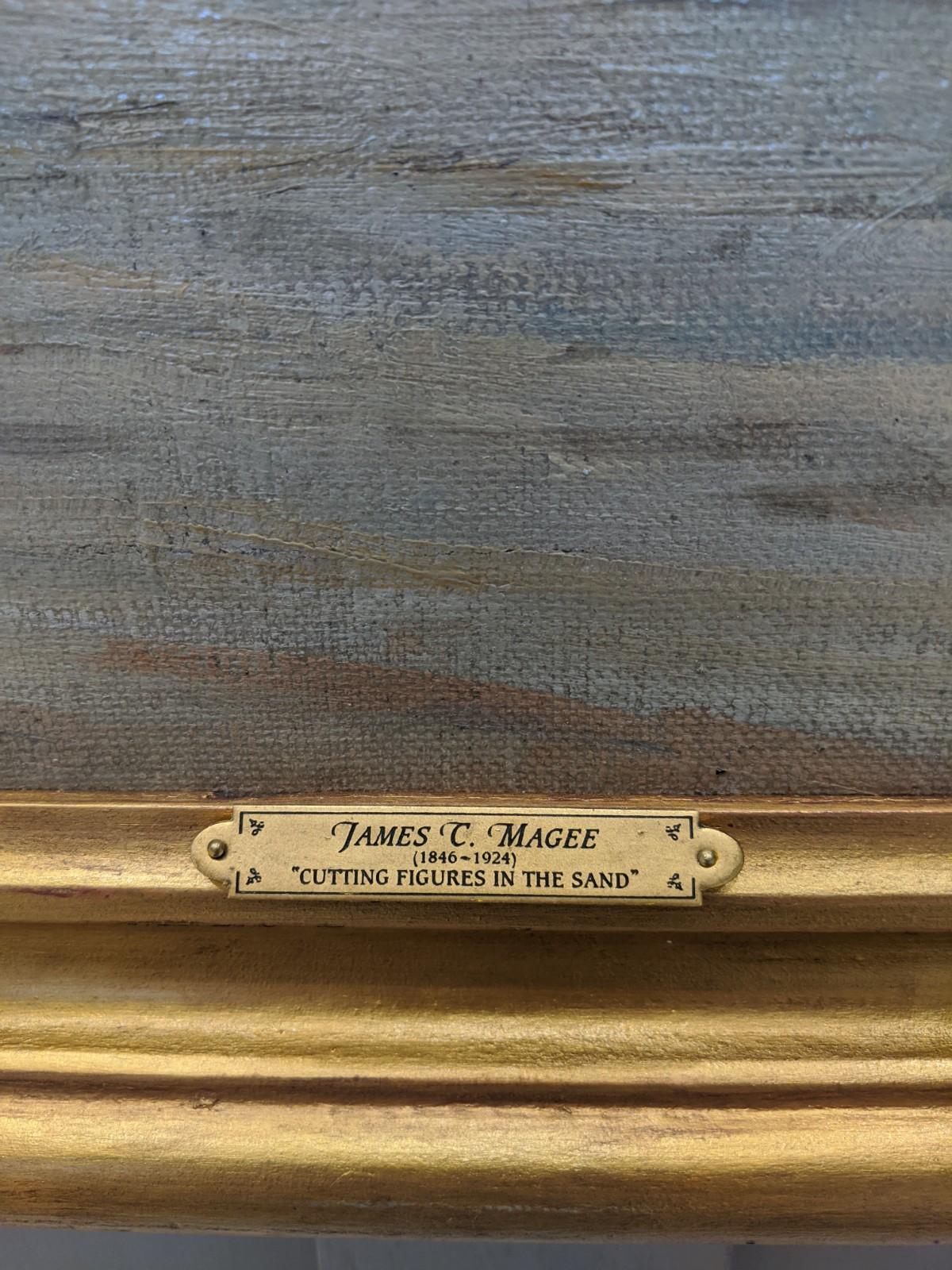 Cutting Figures in the Sand is a beach scene, likely of Cape May, New Jersey.  James C. Magee is considered a conservative Pennsylvania landscape artist who spent most of his career in and around Philadelphia, Pennsylvania. He studied at the