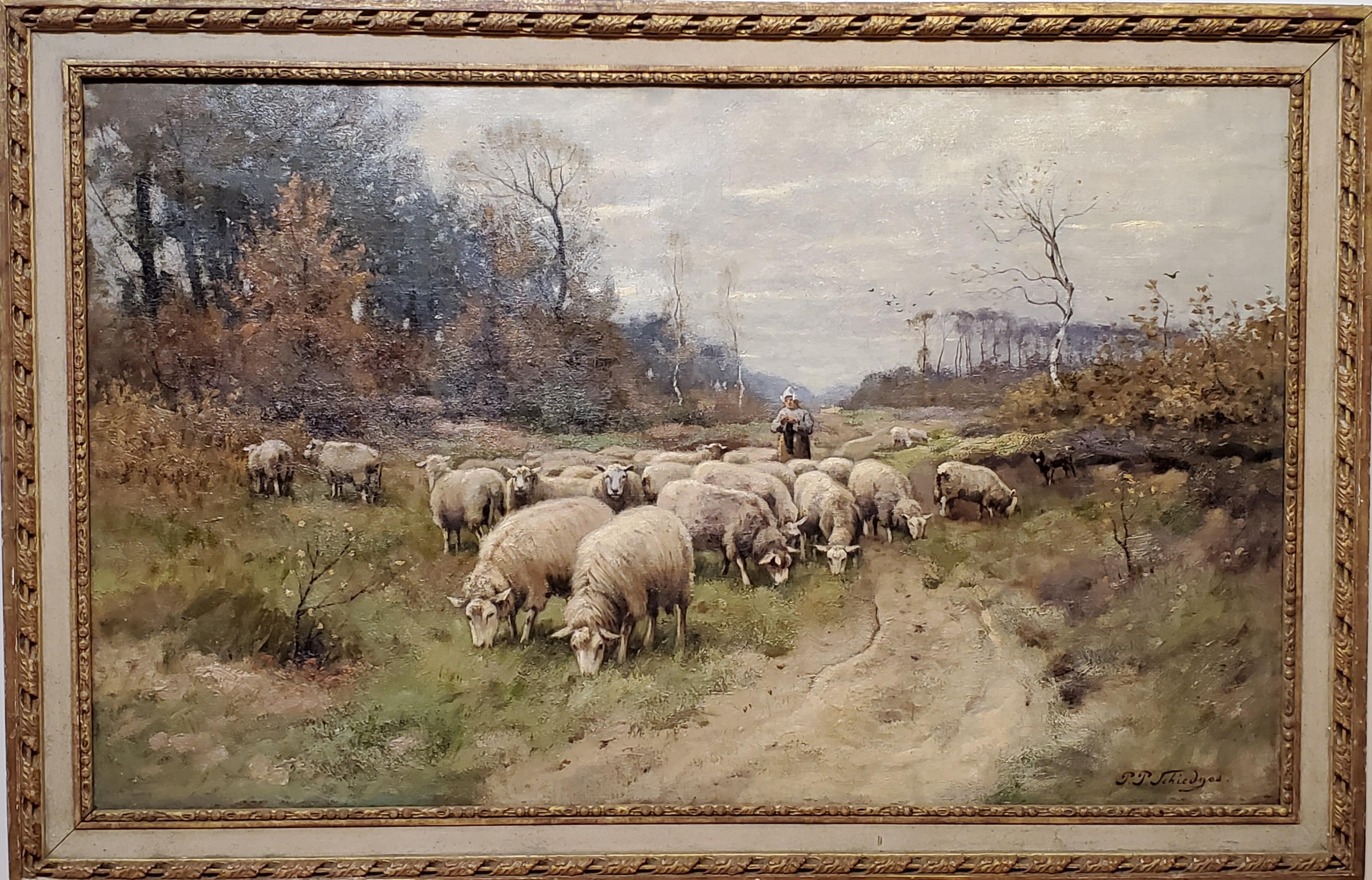 Petrus Paulus Schiedges Animal Painting - Peter Paulus Schiedges II, Dutch 19th C of a Shepherdess and Flock of Sheep