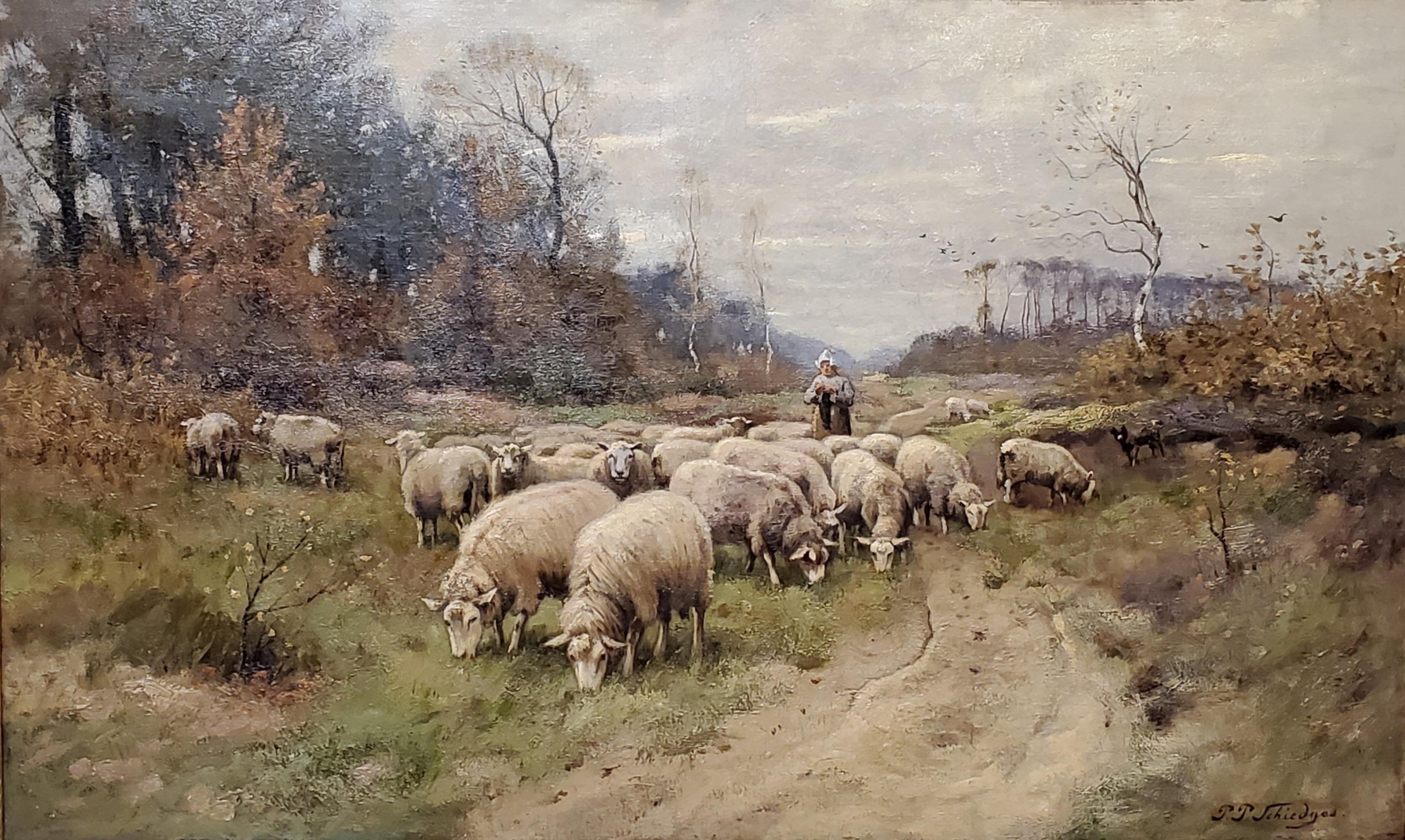 Peter Paulus Schiedges II, Dutch 19th C of a Shepherdess and Flock of Sheep - Painting by Petrus Paulus Schiedges