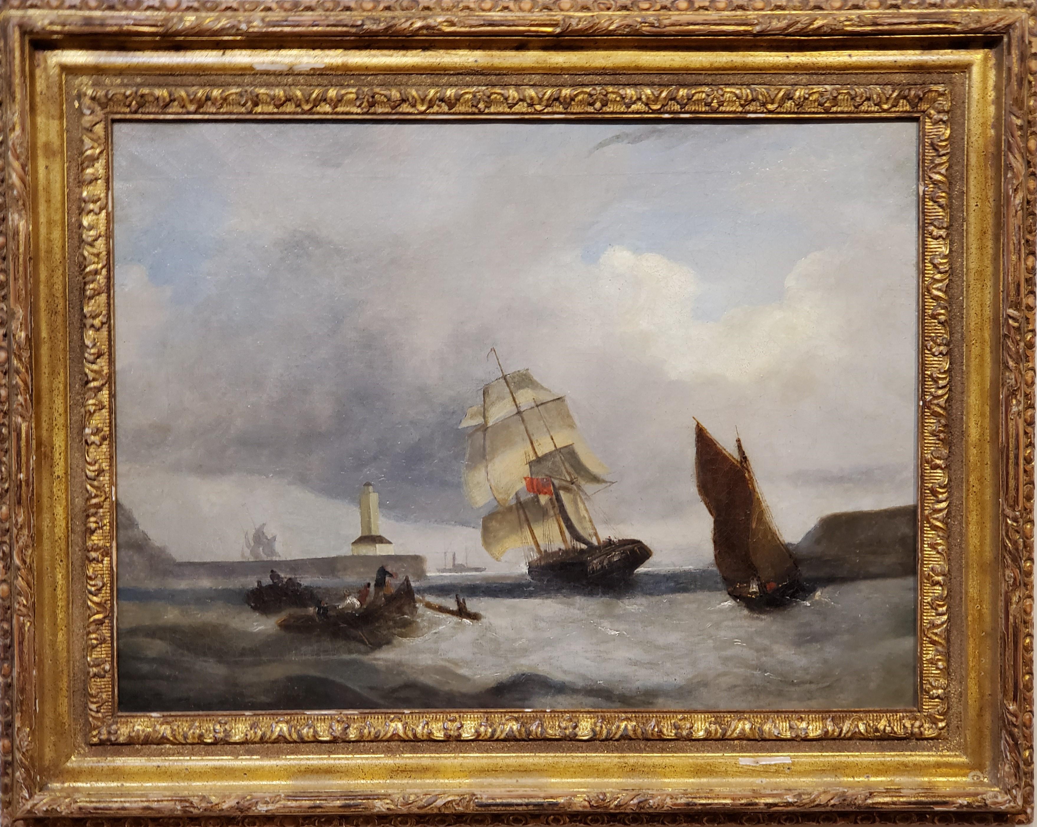A W Harrison Landscape Painting – Marinelandschaft des späten 19. Jahrhunderts:: Gemälde eines Schiffes:: das in der Nähe eines Leuchtturms steht