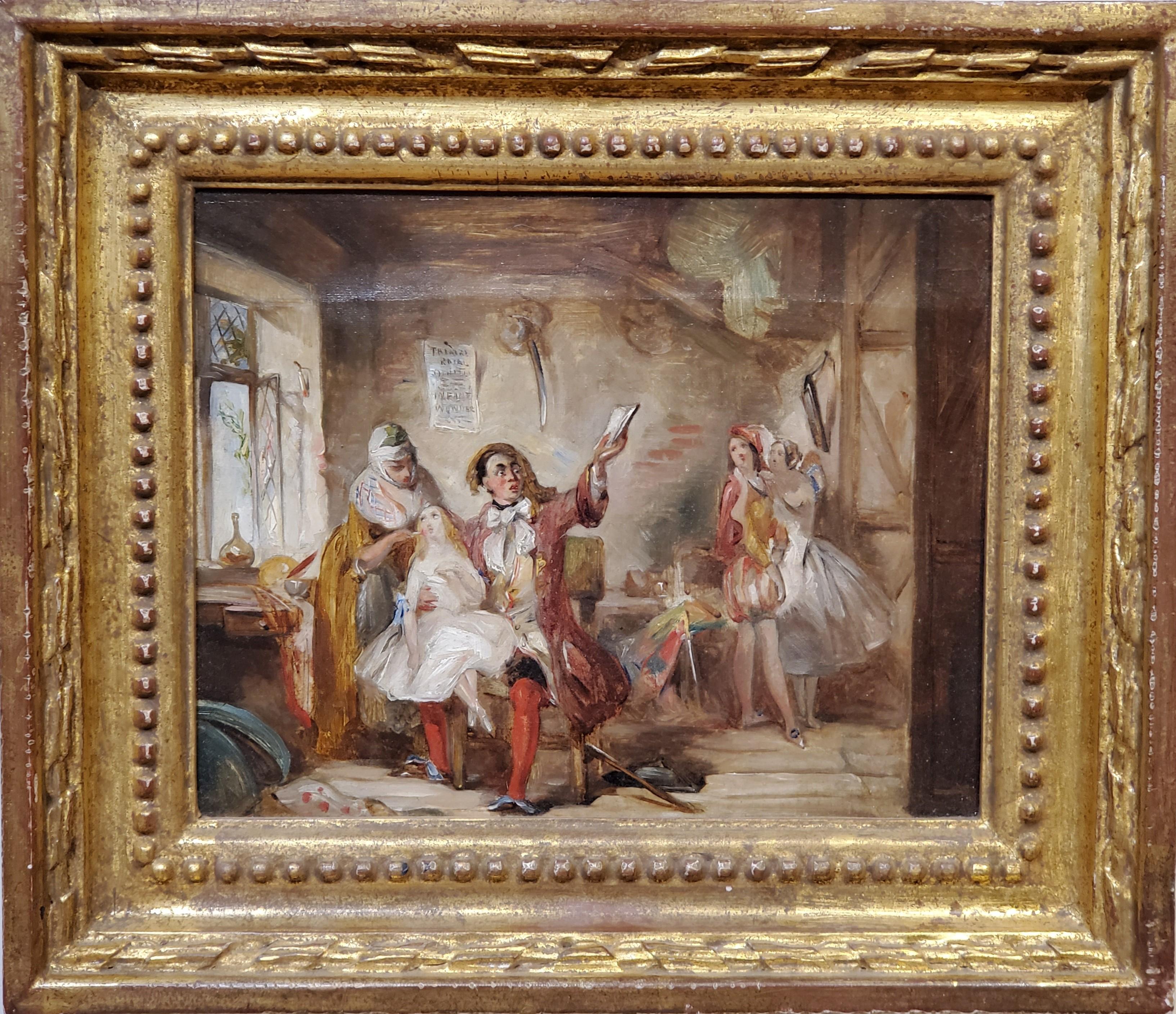 Backstage at the Theatre Royal, possibly depicting Ira Frederick Aldridge, an actor who lived from 1807 to 1867, rehearsing Othello, in 1862.

Othello Rehearsal A Small Oil Painting by Abraham Solomon

Oil on canvas, inscribed "A. Solomon Esquire"