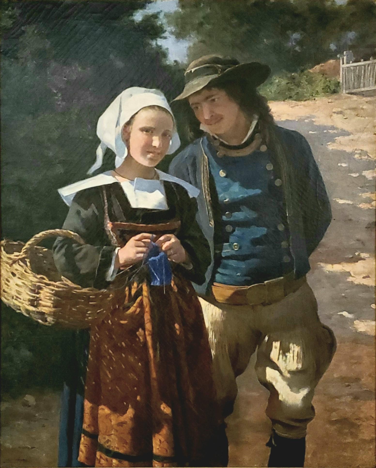 Portrait of a French Couple in a Forest Landscape circa 1885 - Painting by Louis Henri Deschamps