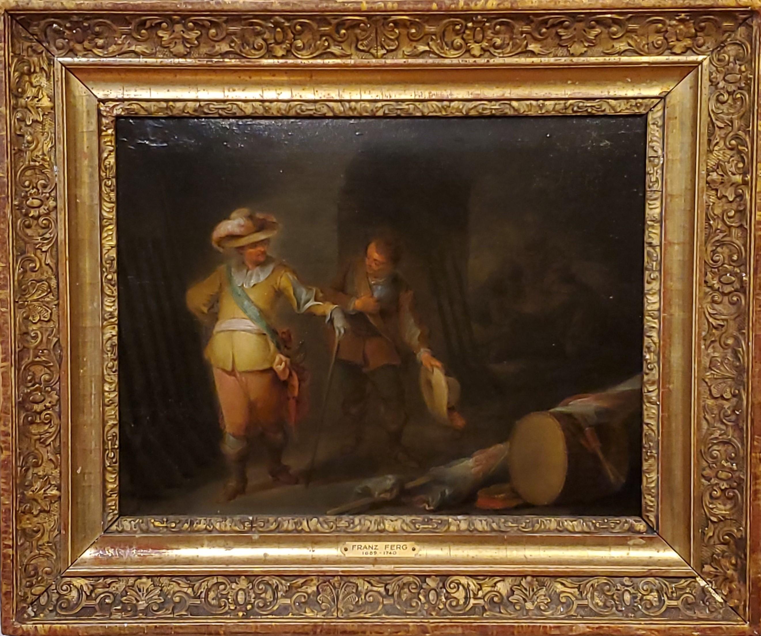 An Old Master Oil Painting on Wood Panel of an armory inspection by Franz de Paula Ferg in 1730.

Approximately 10" x 13" oil on wood panel signed in the lower left corner.

In the frame the antique oil painting is 15" tall by 18" wide.

Franz de