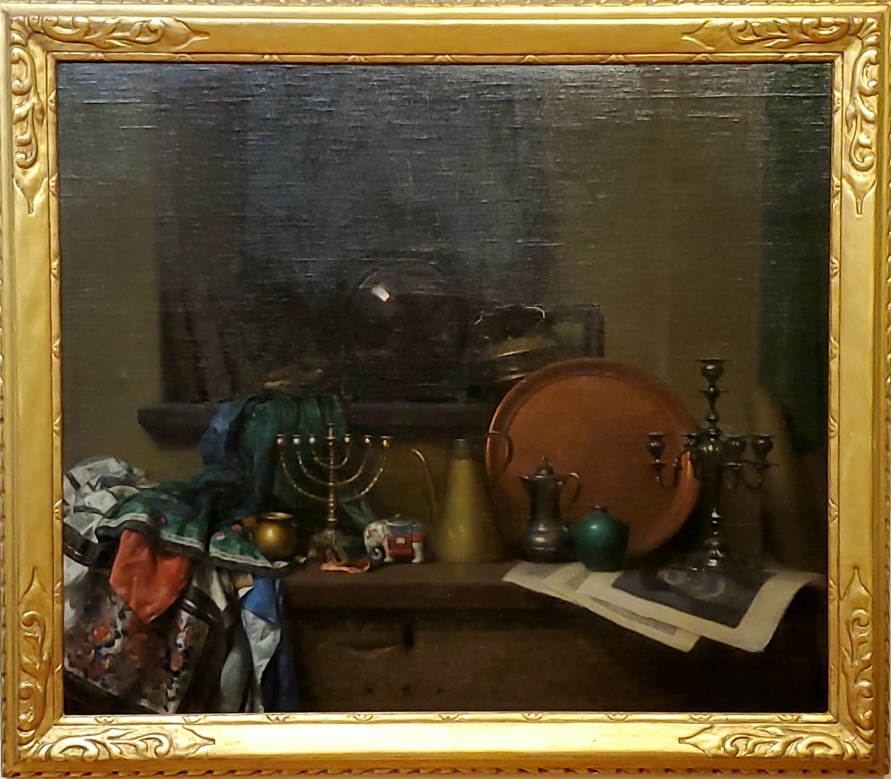 Still life by Benjamin Osro Eggleston.

This antique painting is oil on canvas and measures 34" wide by 40" tall. 

This still life painting measures 40" tall by 46" wide in the frame. 

The frame is a custom carved and gilded Arts and Crafts Style