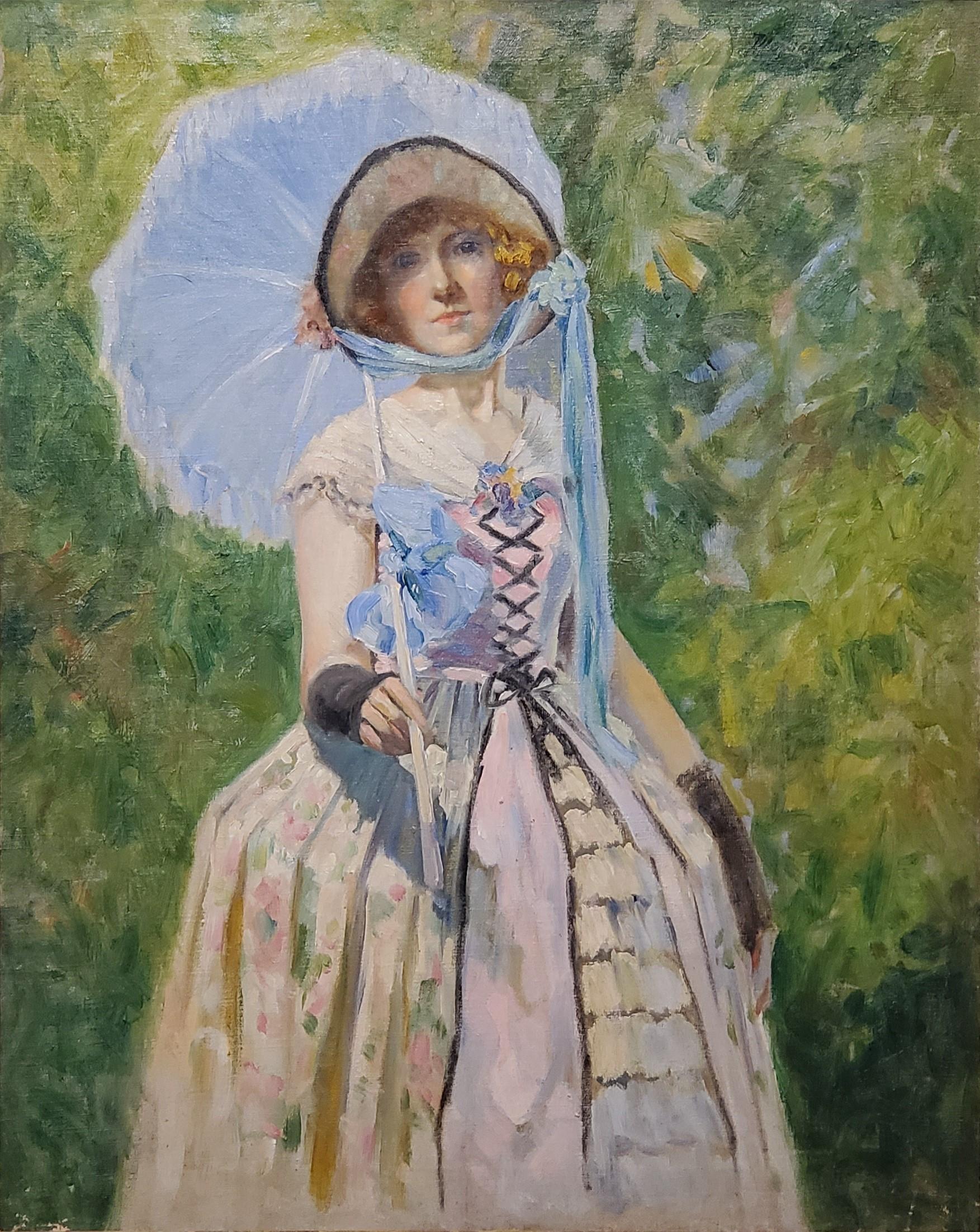 Portrait of a Woman Under A Bright Blue Umbrella dated 1924 - Painting by Magnus Bakke