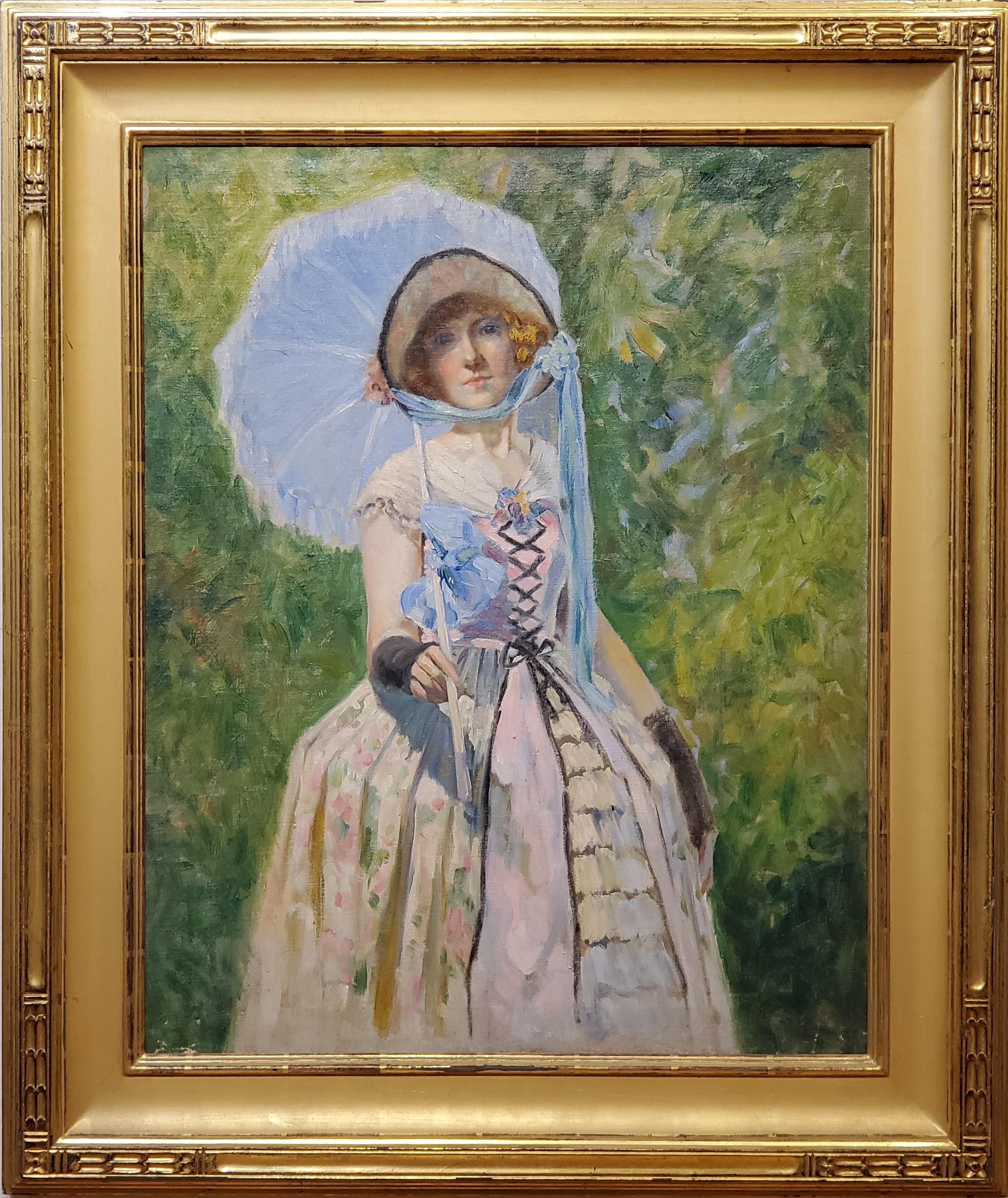 Magnus Bakke Portrait Painting - Portrait of a Woman Under A Bright Blue Umbrella dated 1924