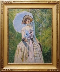 Portrait d'une femme sous un parapluie bleu vif daté de 1924