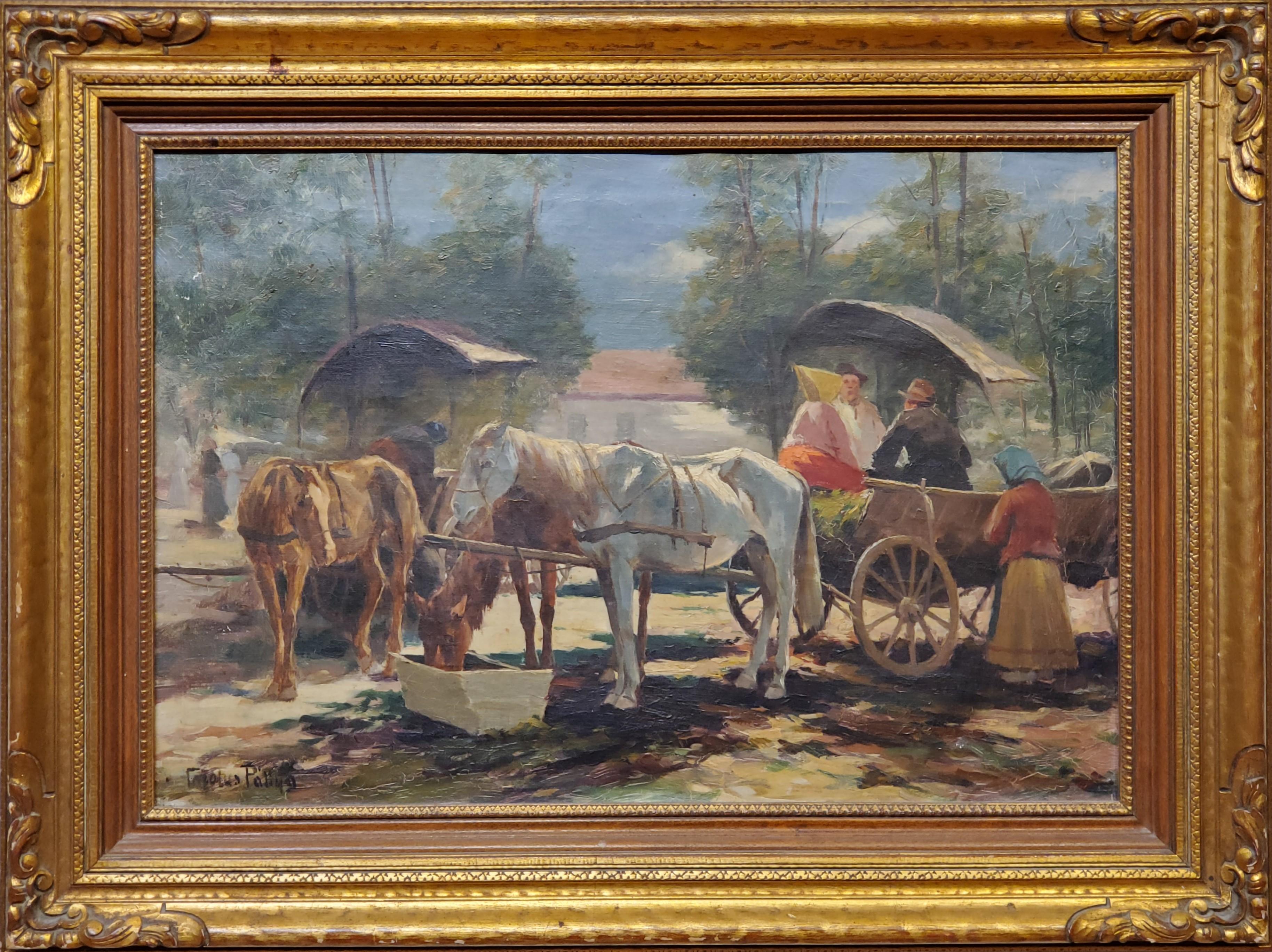 Horse and Carriage an Oil Painting signed by Carolus Pallya.

Hungarian 1875-1930.

Oil on canvas, this antique painting measures 13.5" tall by 19.5" wide.

In the frame, this landscape painting of horses and carriage measures 19" tall by 25" wide.
