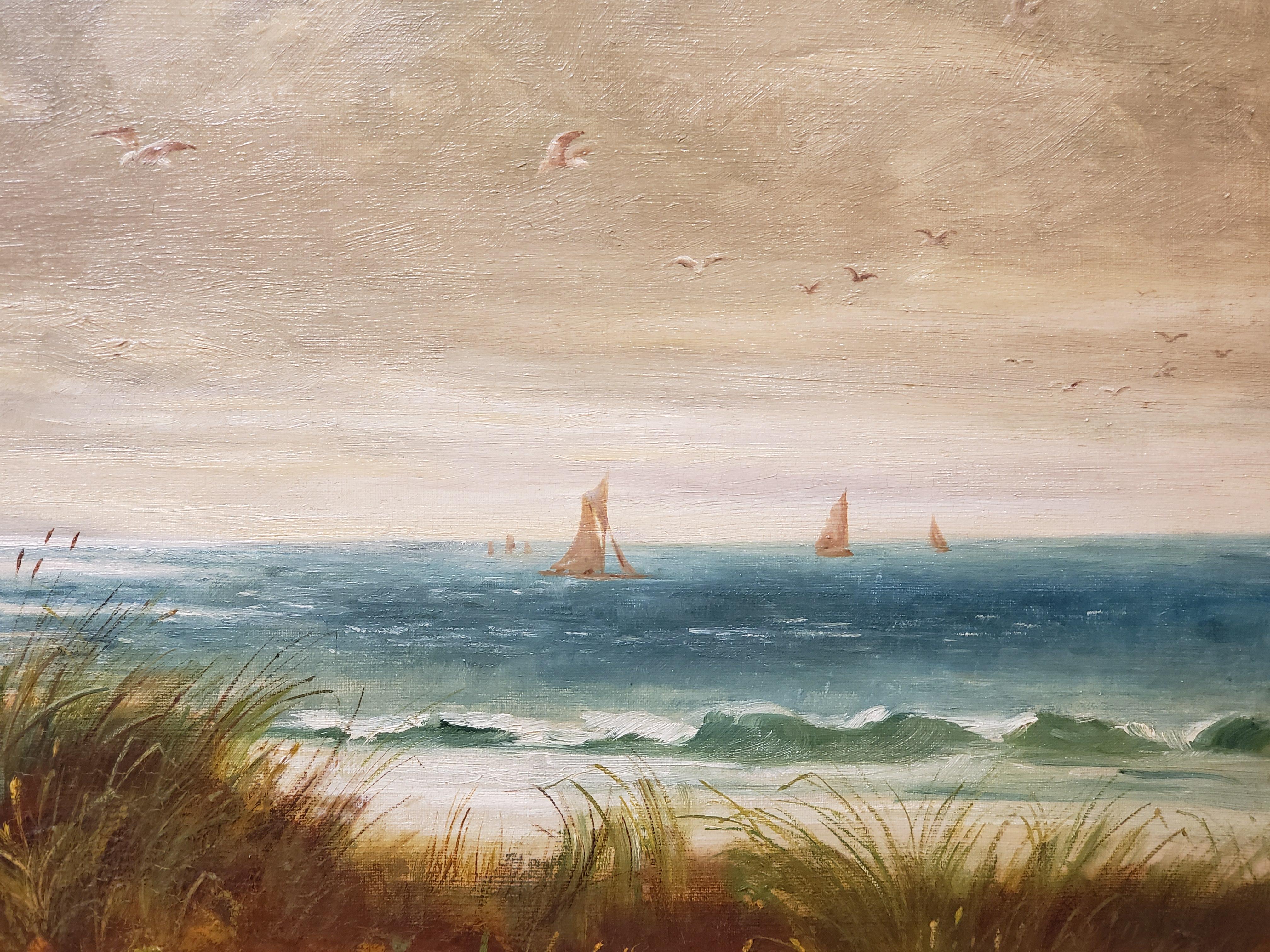River Orwell an Oil Painting signed by Ellen Hartridge dated 1905.

The painting is a beach view of the River Orwell with the surf rolling in and sail boats in the distance and is oil on canvas measuring 28