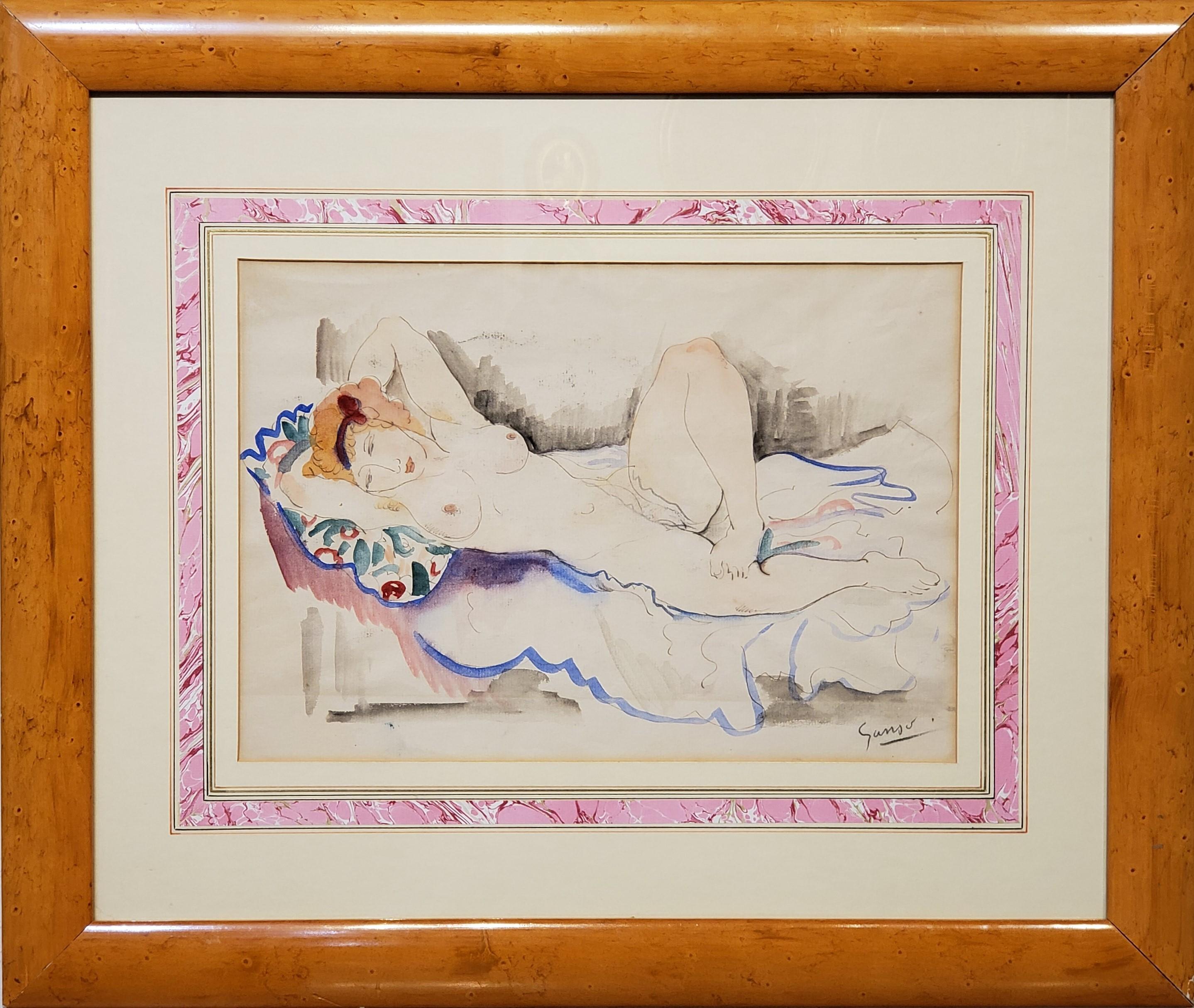 A Female Nude Watercolor.

This watercolor on paper measures 15.5" wide by 10.5" tall and is signed in the lower right corner by Emil Ganso an American artist who lived between 1895 and 1941.

With mat and in the frame this figurative water color