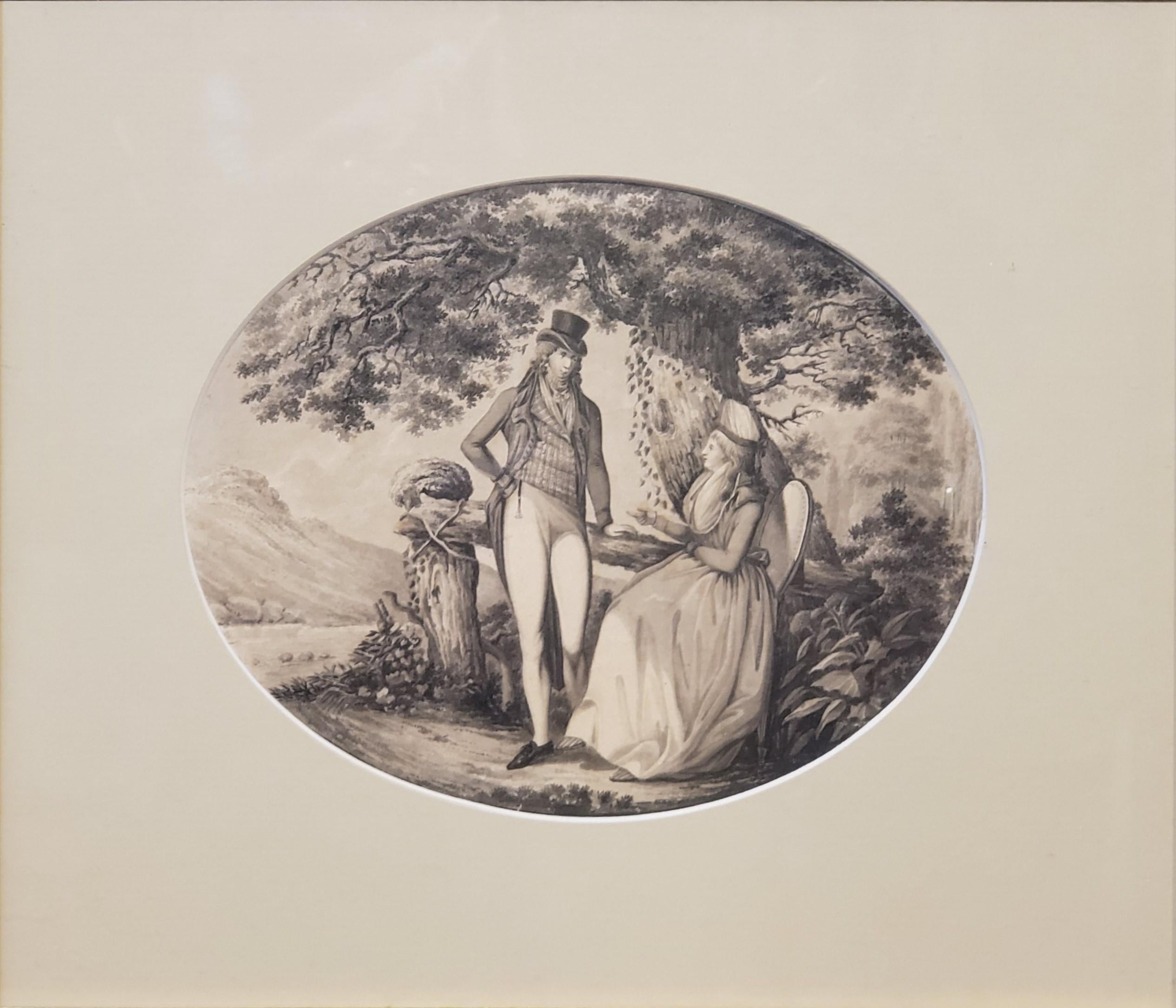 Tuschezeichnung eines Mannes, der eine Frau gegenübersteht, signiert von B. Koller, datiert 1796 – Art von B Koller