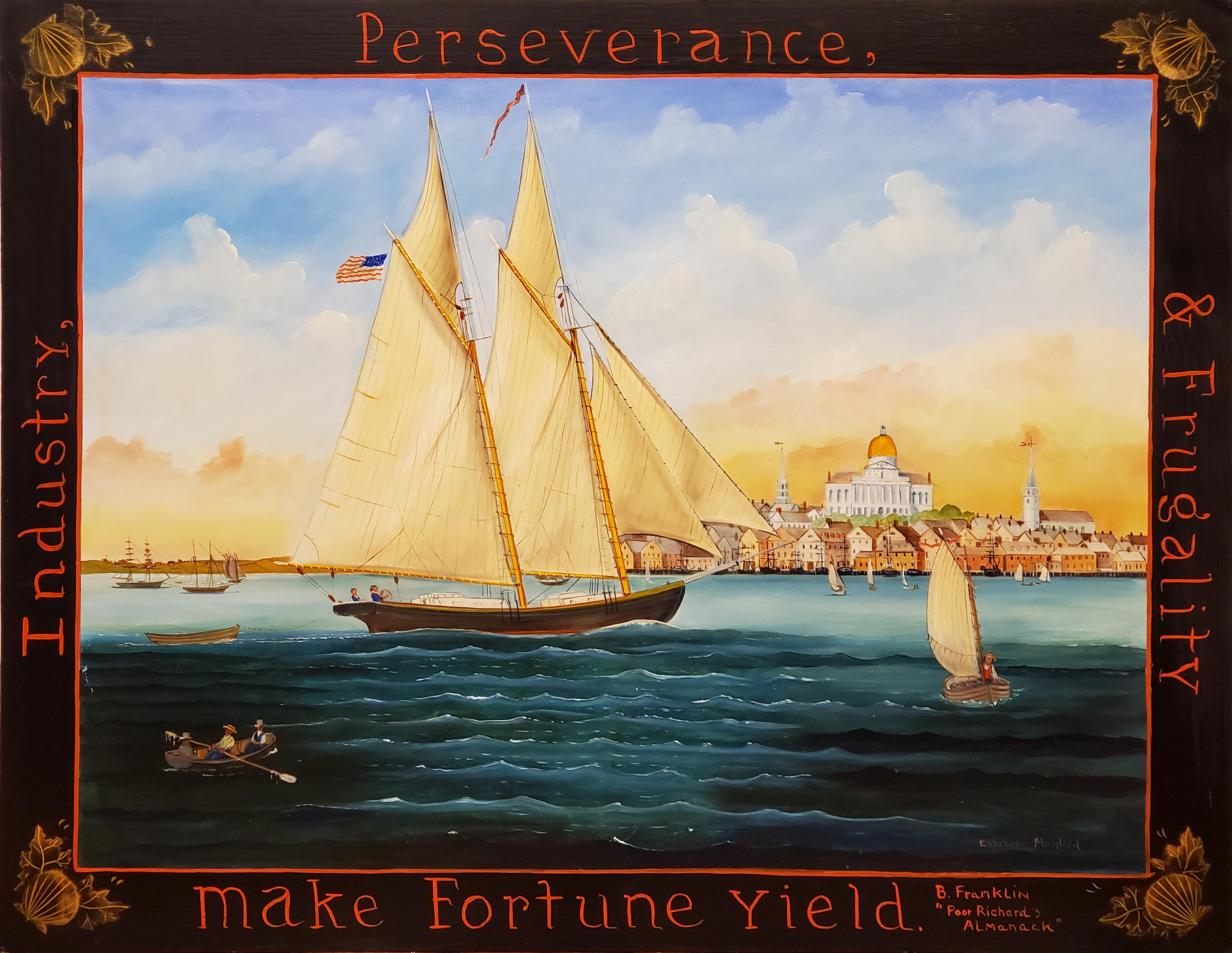 Elizabeth Mumford Landscape Painting - Industry Perseverance and Frugality Make Fortune Yield Seaside Folk Art