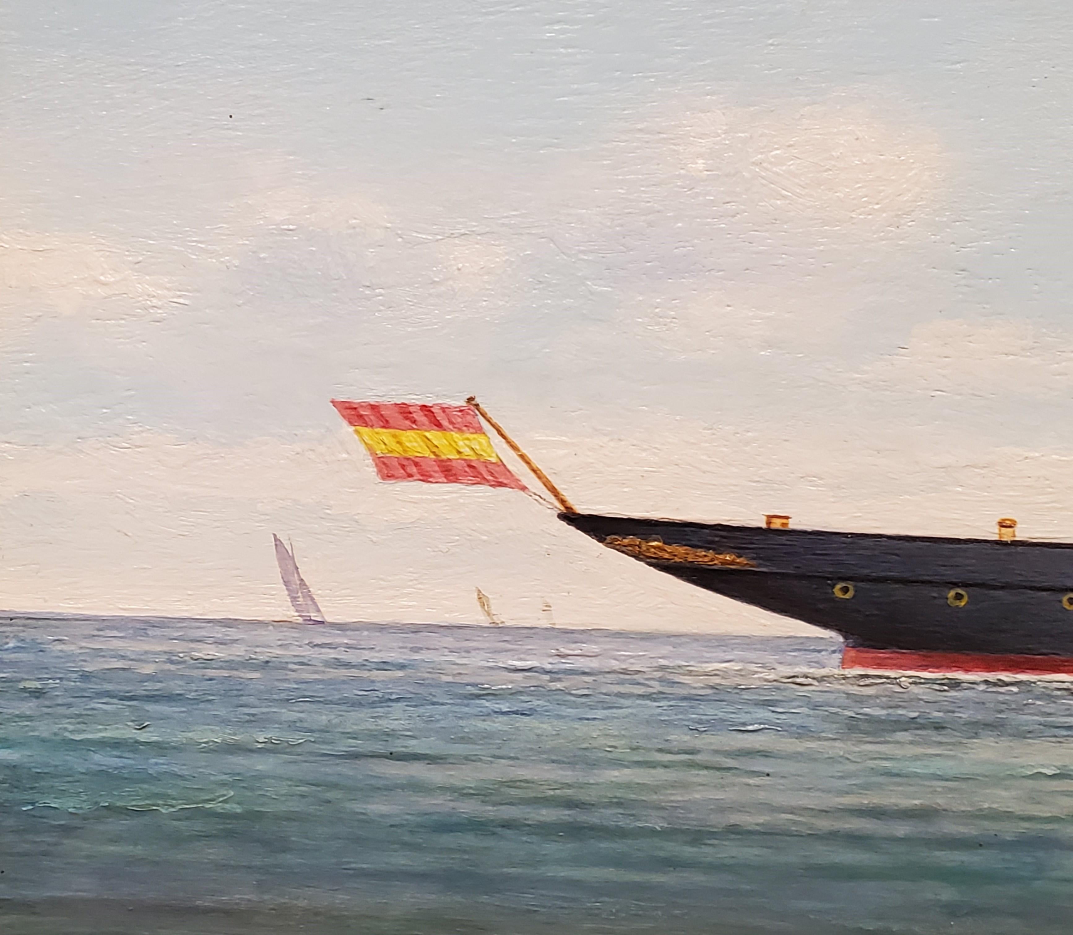 Steam Yacht Viento Justo at Puerto Rico as it was seen in 1923. British born artist Graham Flight paintged this work about 1980 in a skilled anachronistic way

This landscape nautical painting is oil on wood and measures 20 inches tall by 28 inches