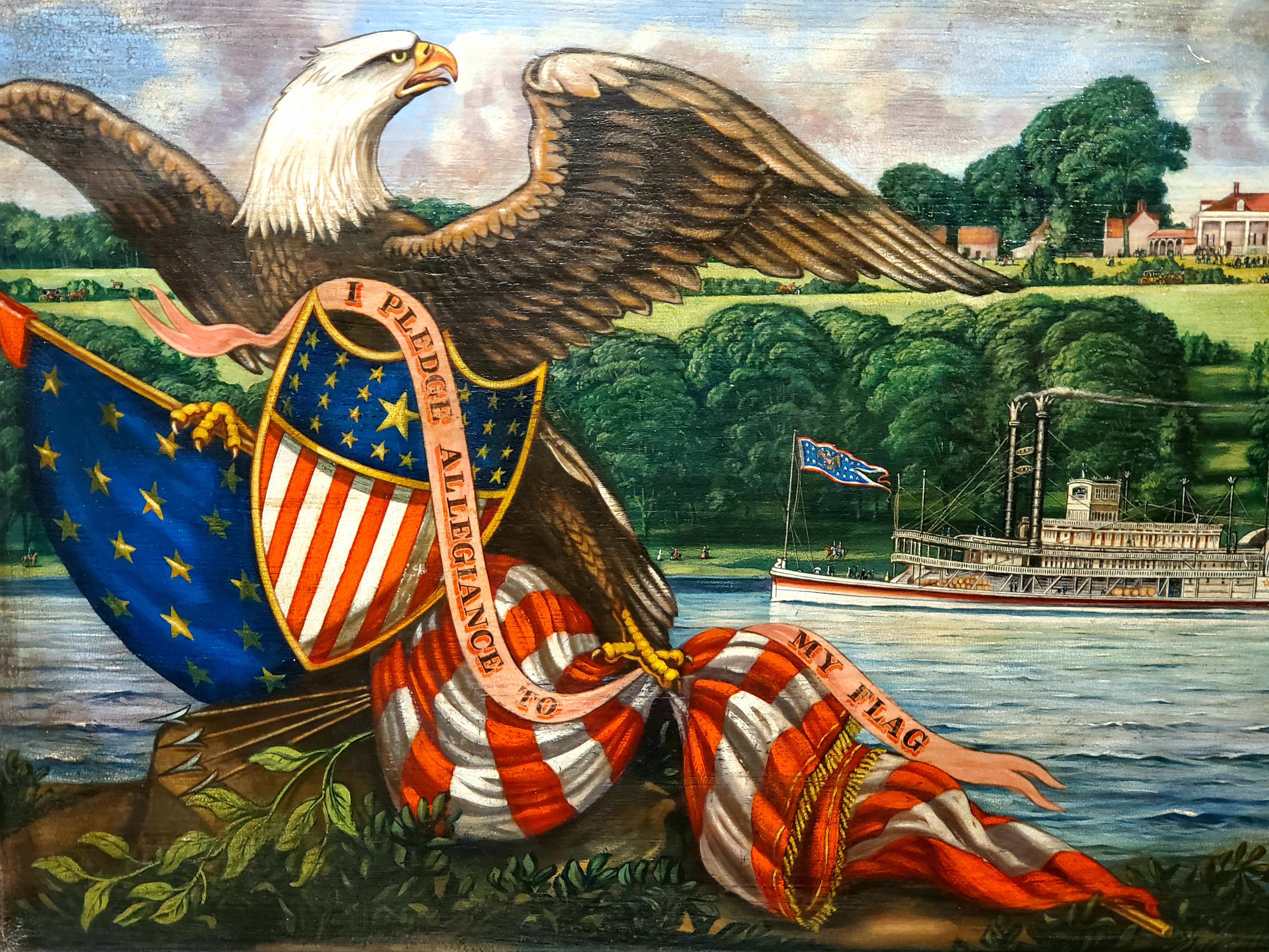 George Washington Motor Craft With Eagle and Shield by Paul Kitchen. 

This painting is oil on wood and measures 27 inches tall by 40 inches wide.
 
Susquehanna Antiques guarantees 100% satisfaction. If you are unhappy with an item just return it to