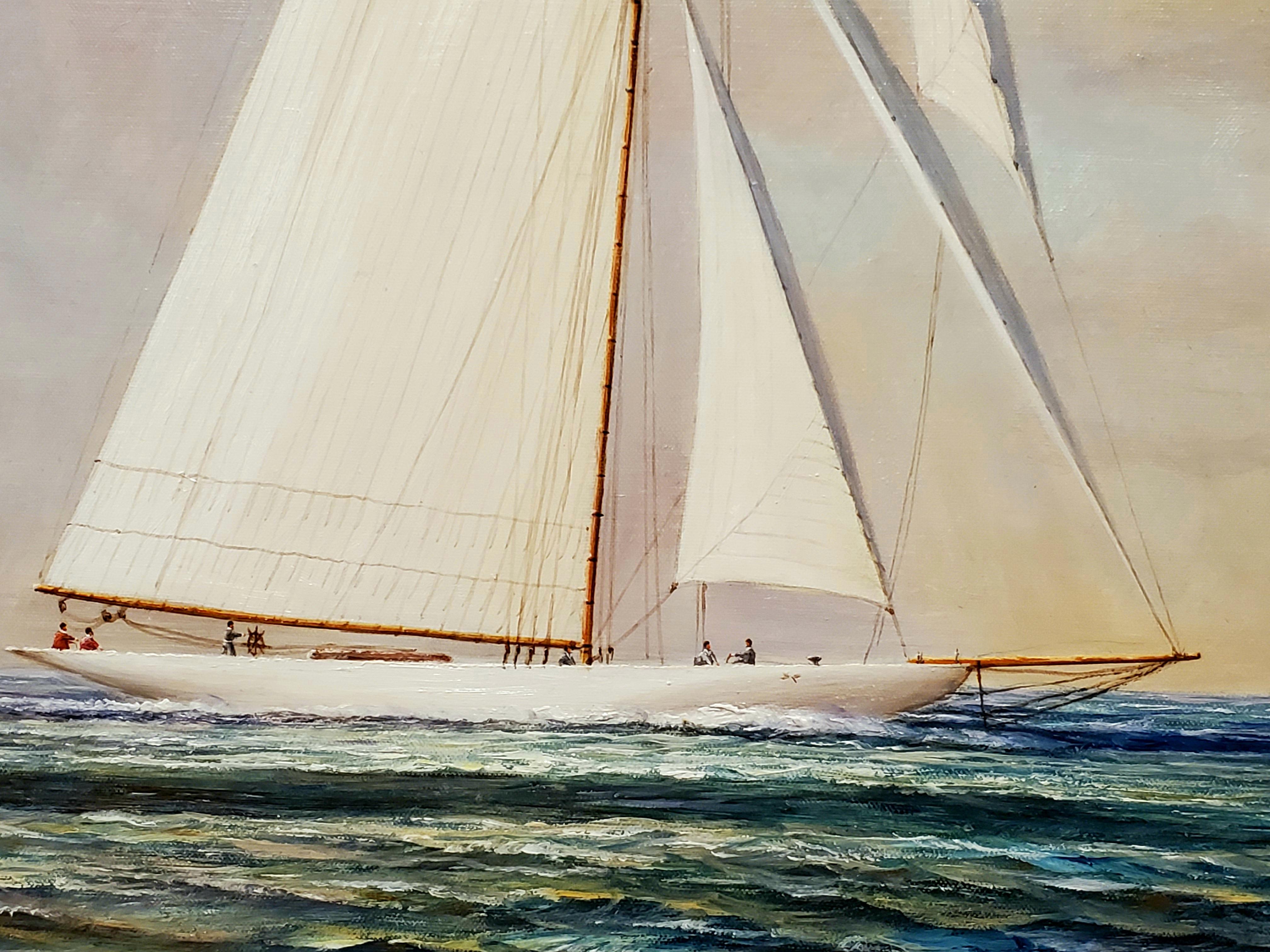 Square Painting of Sailboats At Sea by D. Tayler. 

D. Tayler is a is a well-known American marine artist from Massachusetts. 

Tayler is known for his pristine sailboat art. 

This nautical painting is oil on canvas and measures 36 inches wide by