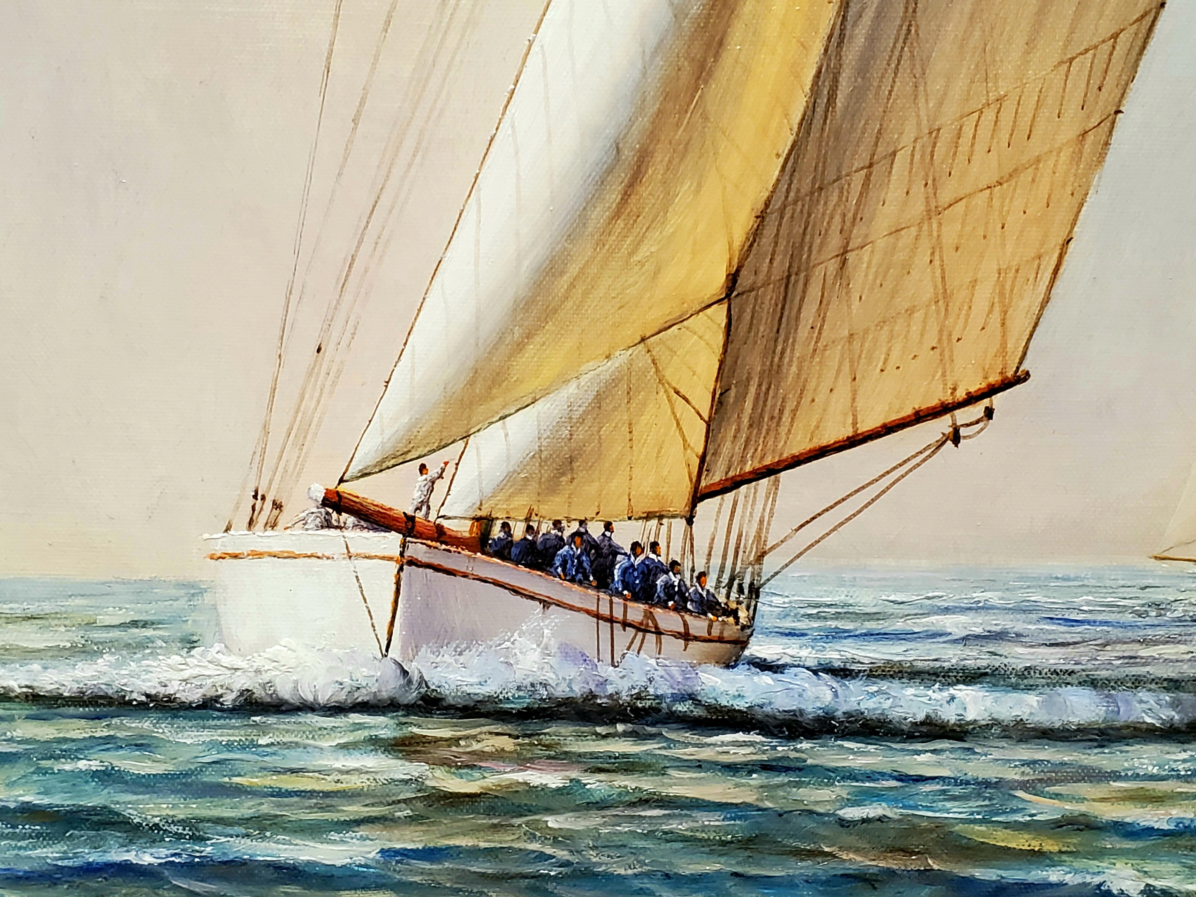 Square Painting of Sailboats At Sea by D. Tayler 1