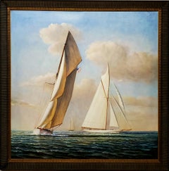 Square Painting of Sailboats At Sea by D. Tayler