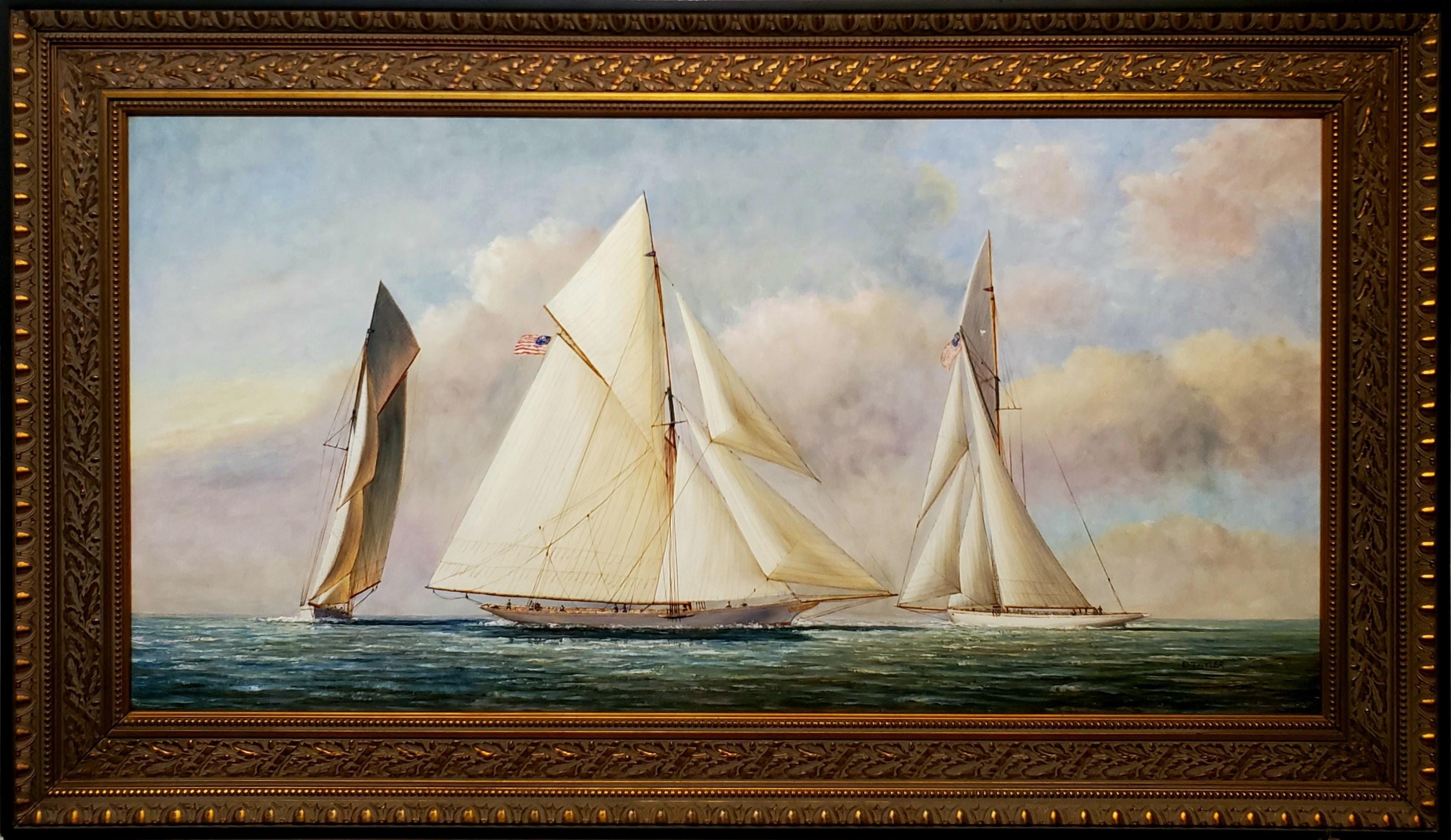 Wide Maritime Landscape Painting of 3 Sailboats At Sea by D. Tayler. 

This nautical painting depicts 3 sailboats at sea under full sail in a wide format.

D. Tayler is a is a well-known American marine artist from Massachusetts. 

Tayler is known