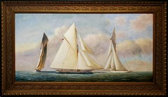 Wide Maritime Landscape Painting of 3 Sailboats At Sea by D. Tayler