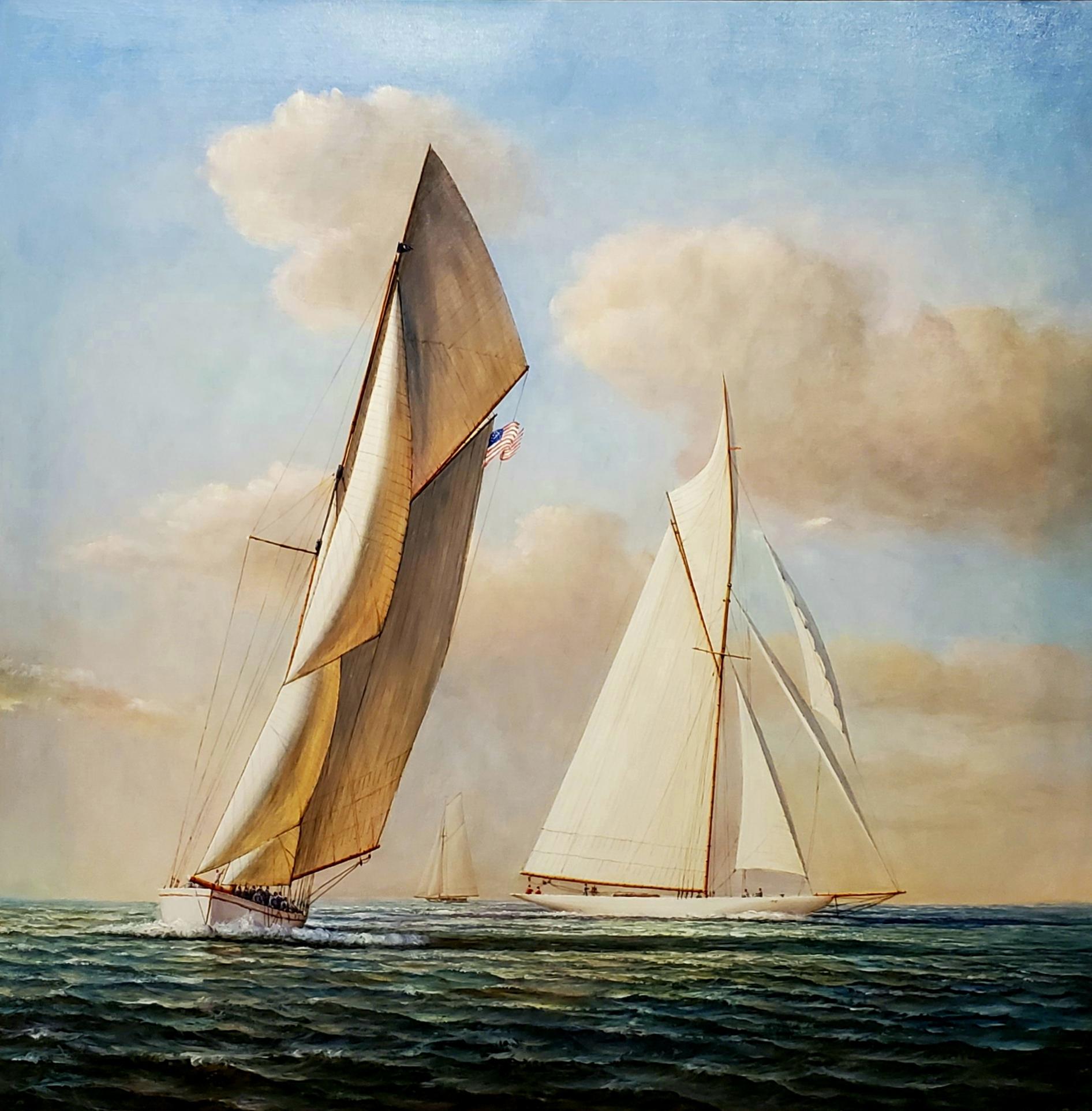 Wide Maritime Landscape Painting of 3 Sailboats At Sea by D. Tayler 2